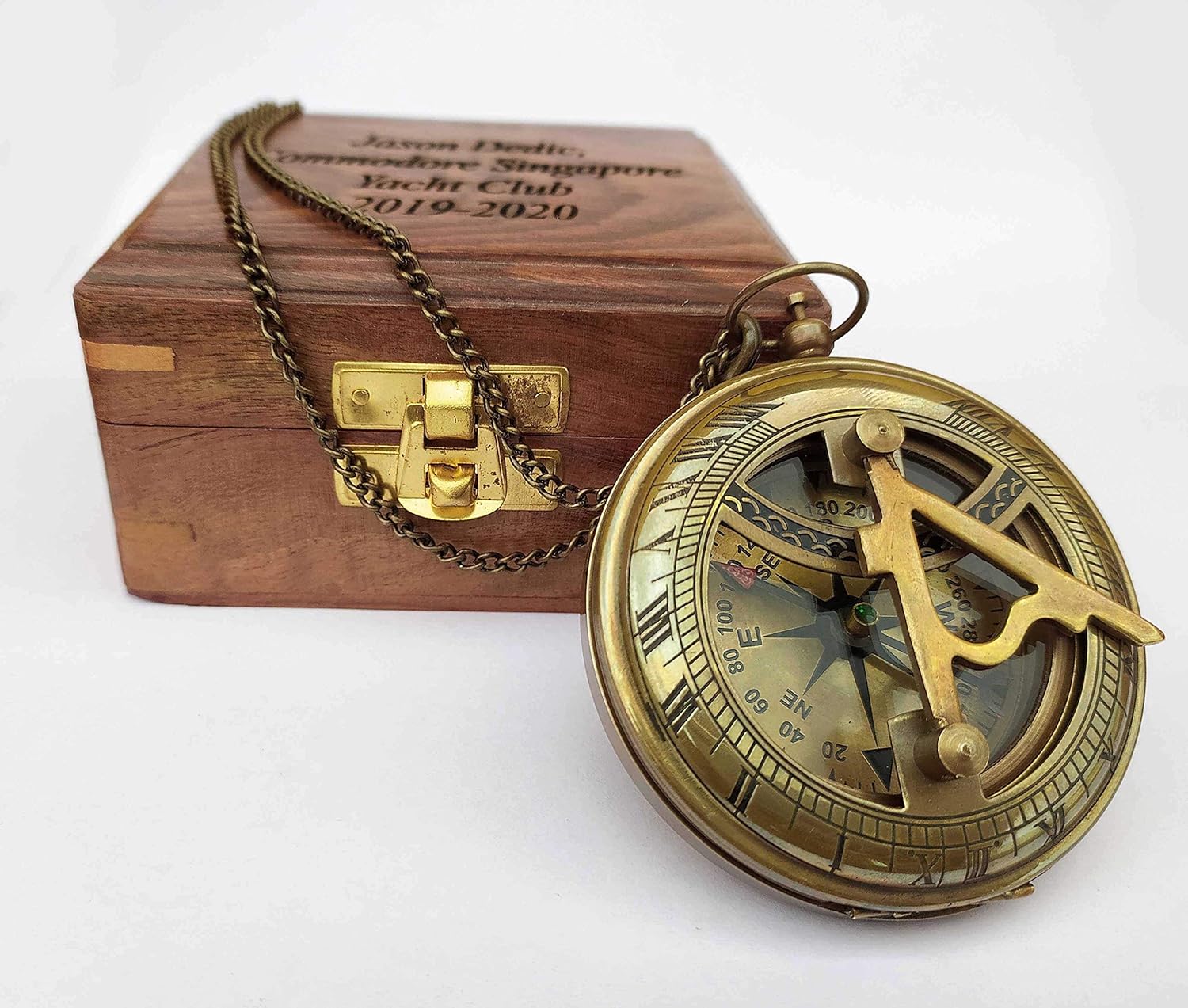 PORTHO Custom Push Button Sundial Compass with Wooden Box, Customization on Compass and/or Box, Best Personalized Gift for Travel, Hiking, Camping, Wedding, Baptism