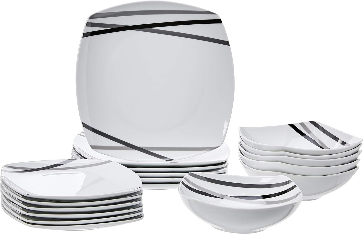 Amazon Basics - 18 Piece Kitchen Dinnerware Set - Square Plates, Bowls, Service for 6 - Modern Beams