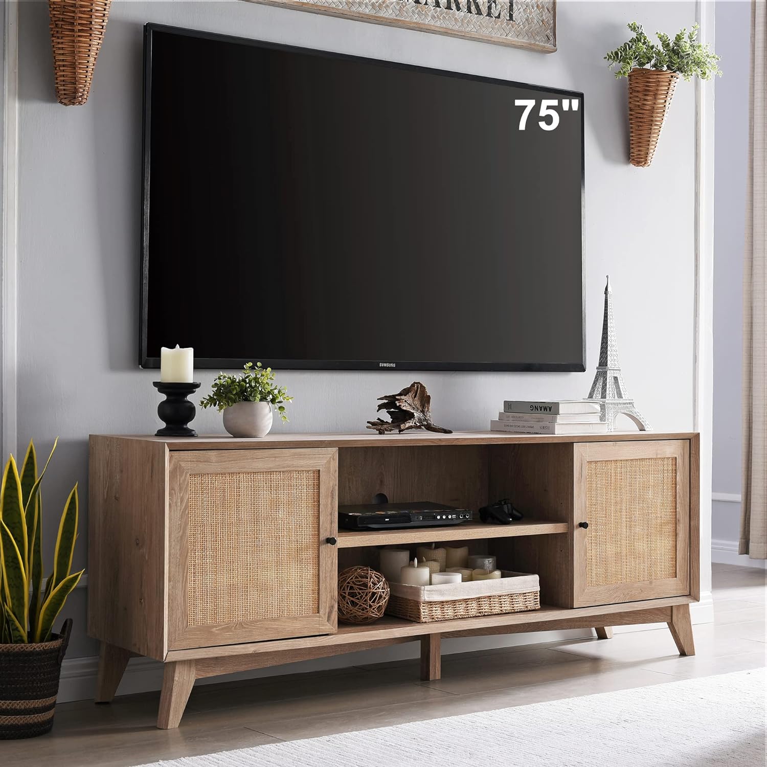 OKD TV Stand for 75  Inch TV, Mid Century Modern Entertainment Center with Natural Rattan Door, Storage Shelves, Large Boho Media TV Console, Long Television Stand for Living Room, Oak