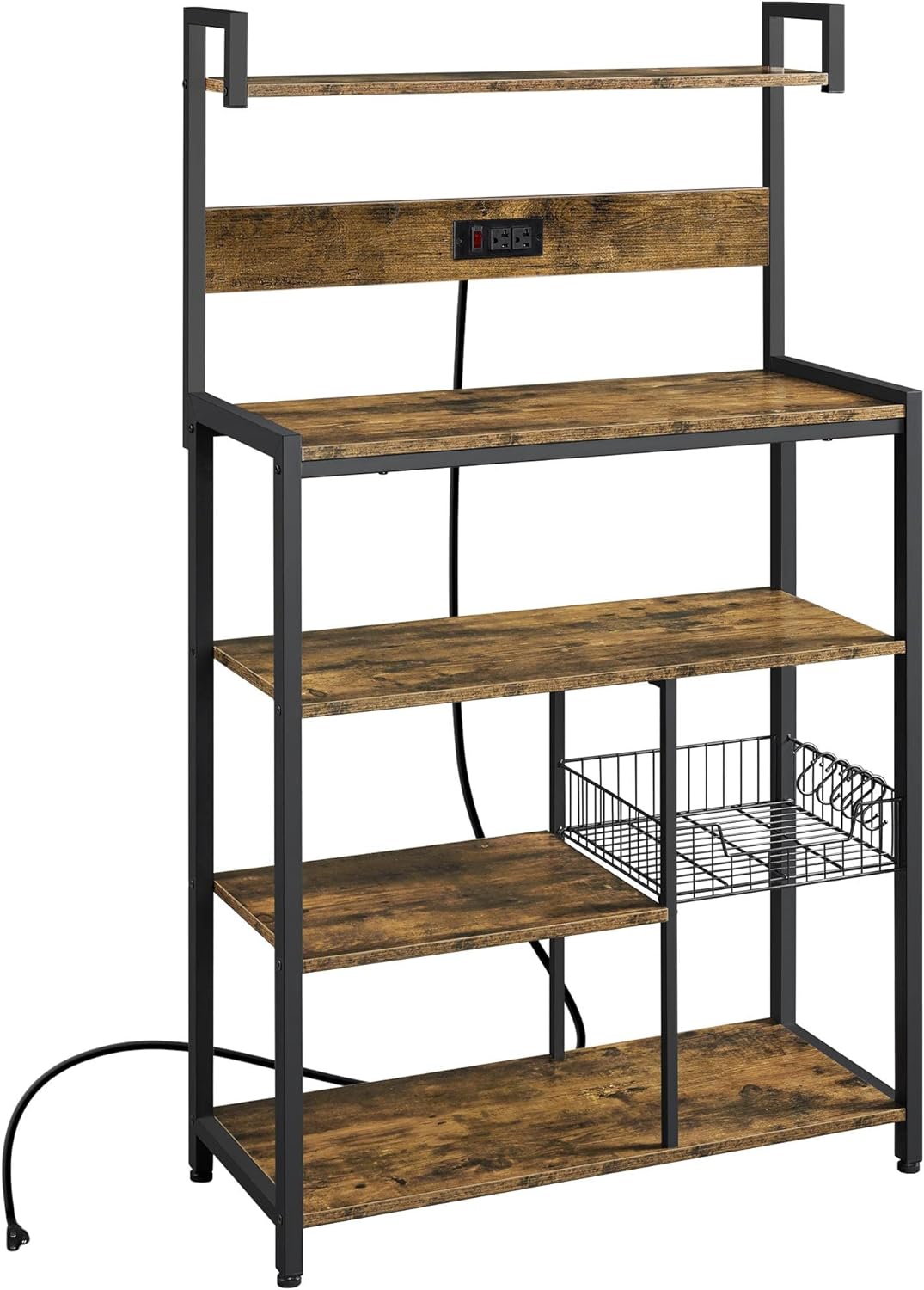 Yaheetech Bakers Rack with Power Outlet, Microwave Stand with Wire Basket & 6 S-Hooks, Coffee Bar Station w/5-Tier Storage Shelves, Storage Shelf Unit for Dinning Room/Living Room, Rustic Brown