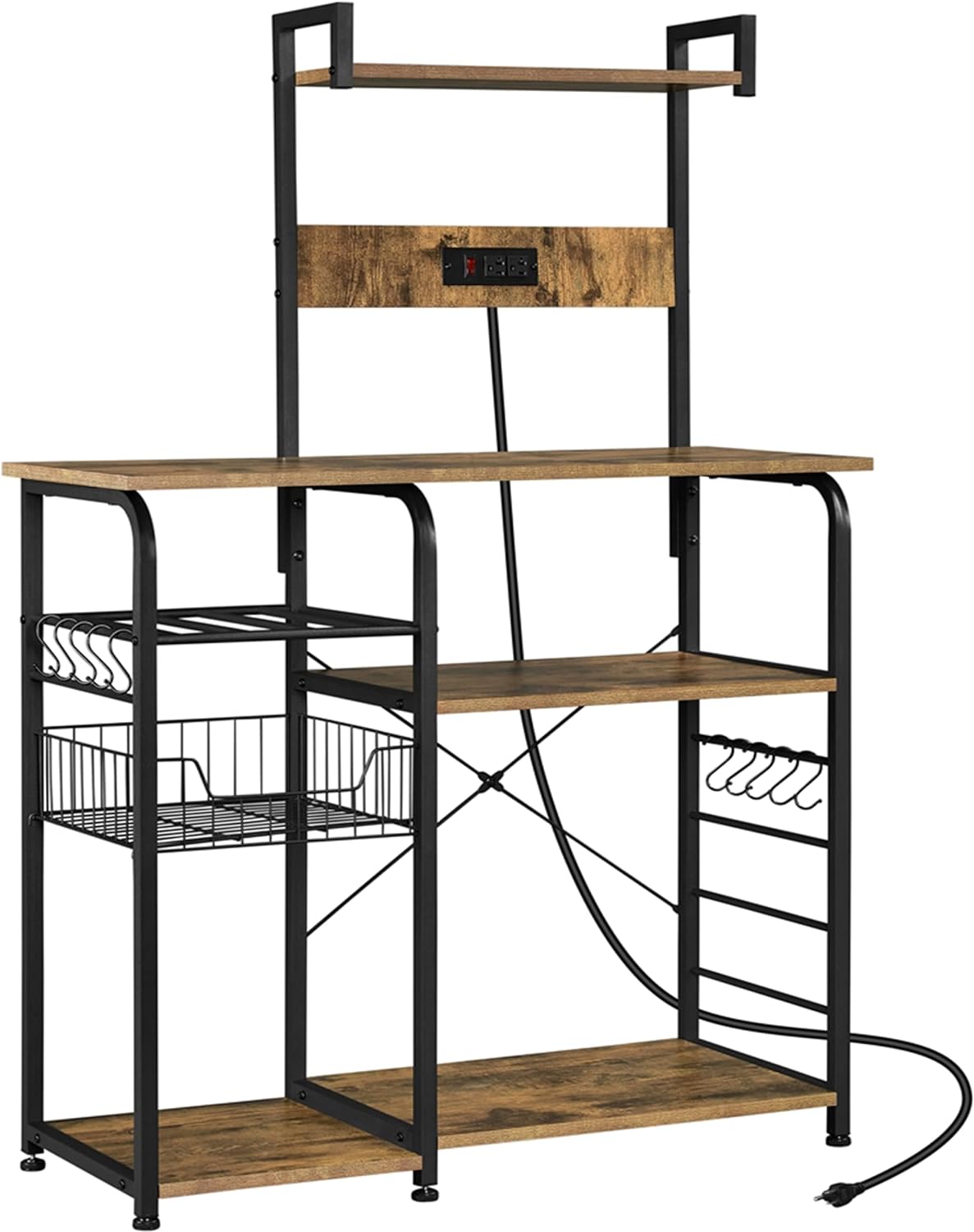 Yaheetech Kitchen Bakers Rack with Power Outlet, Coffee Bar Microwave Stand Cart with Wire Basket and Wine Rack & 10 S-Hooks, Kitchen Island Buffet Table for Spices/Pots/Pans, Rustic Brown