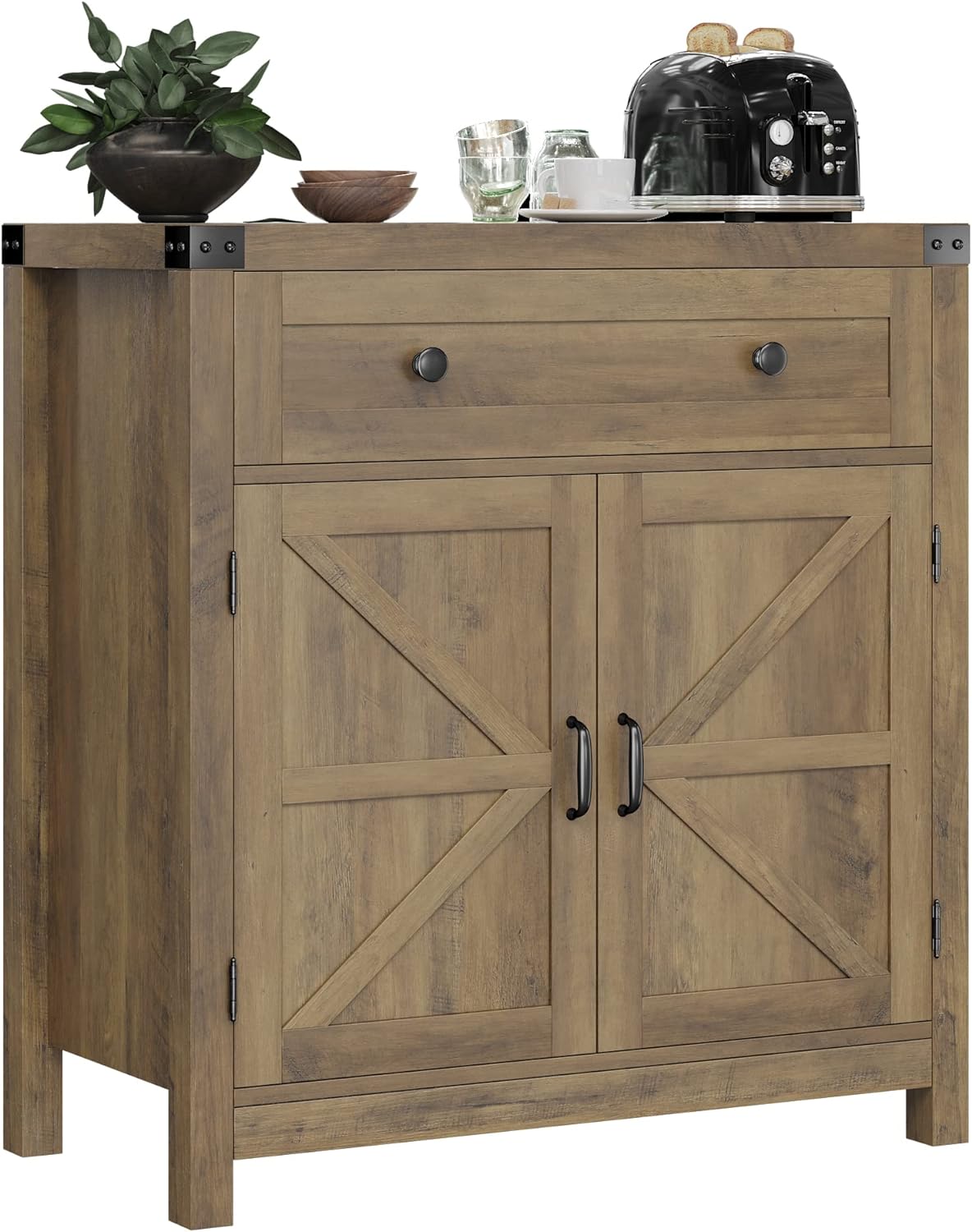 HOSTACK Coffee Bar Cabinet, Modern Farmhouse Buffet Sideboard with Drawer and Adjustable Shelf, Barn Door Storage Cabinet for Kitchen, Dining Room, Bathroom, Entryway, Rustic Brown