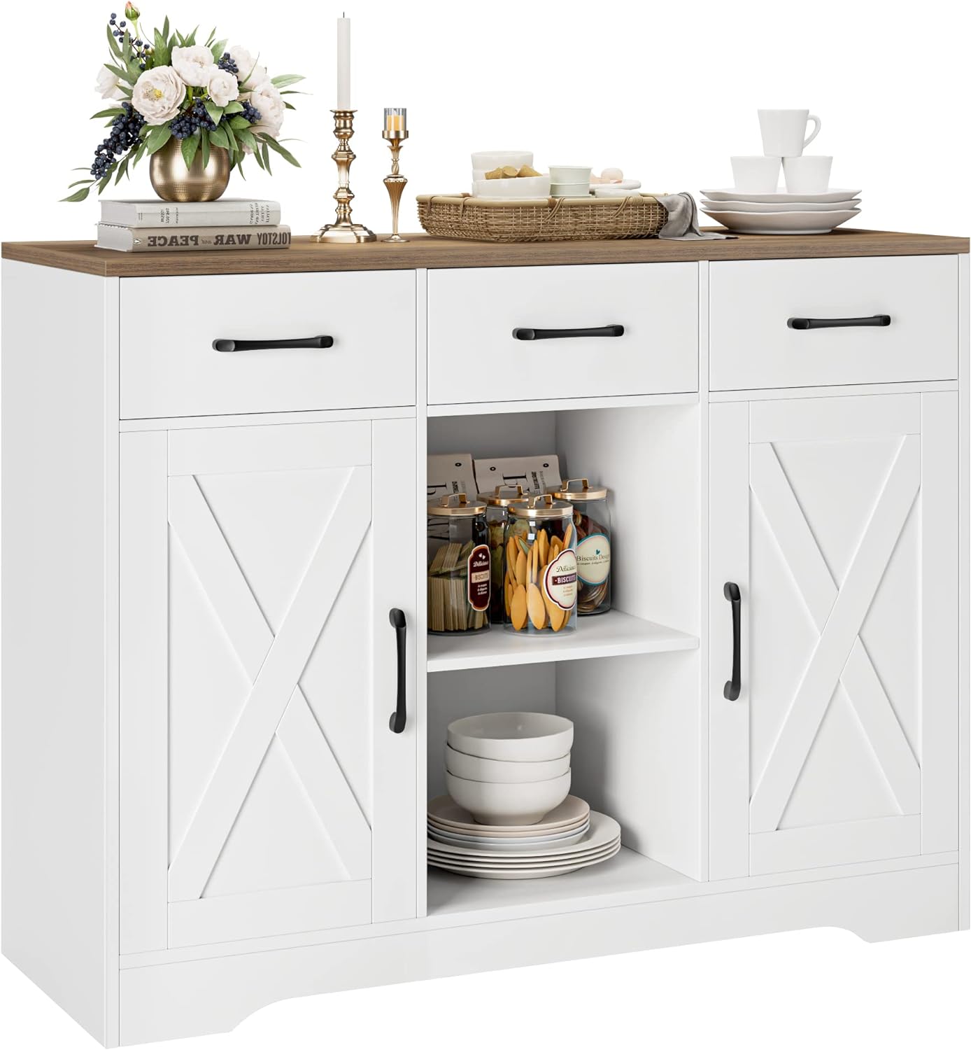 HOSTACK Modern Farmhouse Buffet Cabinet with Storage, Barn Doors Sideboard Buffet Storage Cabinet with Drawers and Shelves, Wood Coffee Bar Cabinet for Kitchen, Dining Room, Living Room, White