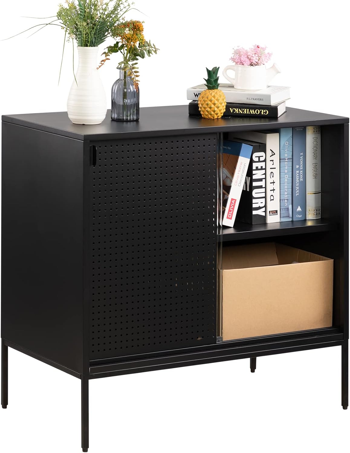 HollyHOME Black Hallway Entryway Table Storage Cabinet with Doors Cabinet Mirror Accent Cabinet for Living Room, Coffee Bar Kitchen Cabinet with Storage