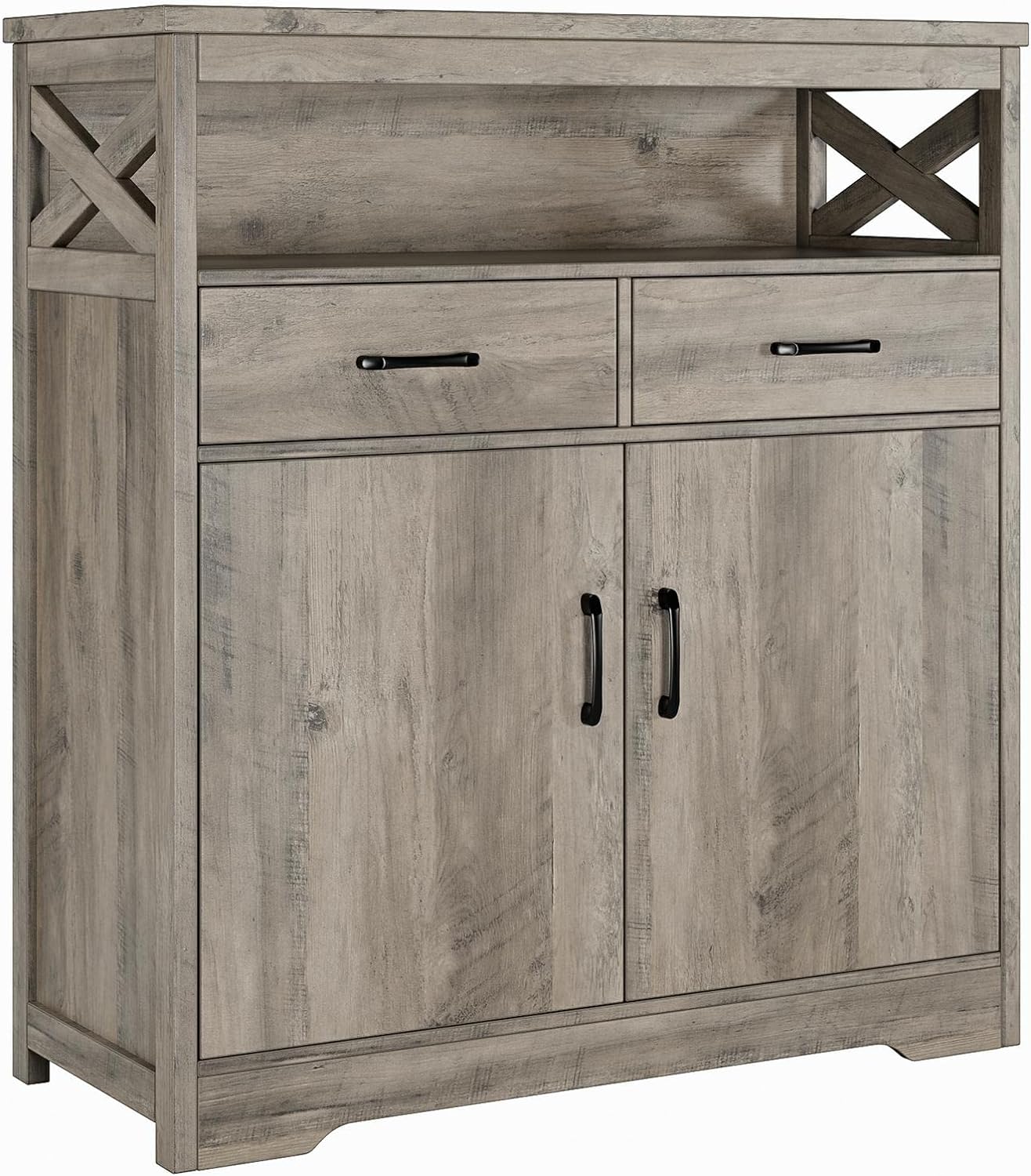 HOSTACK Modern Farmhouse Buffet Sideboard, Kitchen Storage Cabinet with Shelves and Doors, Wood Buffet Cabinet with Drawers, Coffee Bar, Floor Cabinet Cupboard for Dining Room, Ash Grey