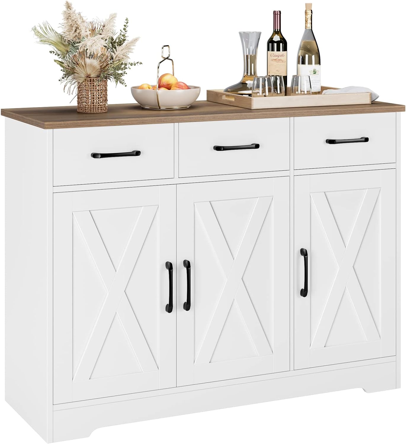 HOSTACK Modern Farmhouse Sideboard Buffet Cabinet, Barn Doors Buffet Storage Cabinet with Drawers and Shelves, Wood Coffee Bar Cabinet with Storage for Kitchen, Dining Room, Living Room, White