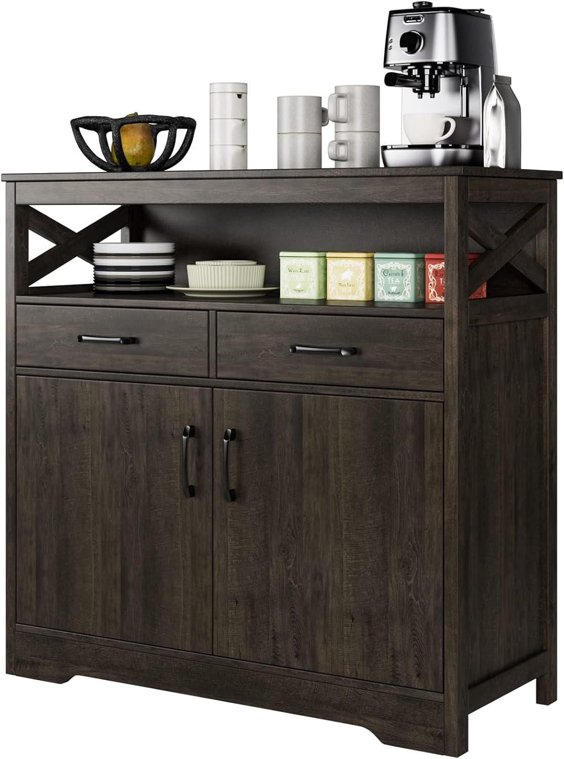 HOSTACK Modern Farmhouse Buffet Sideboard, Kitchen Storage Cabinet with Shelves and Doors, Wood Buffet Cabinet with Drawers, Coffee Bar, Floor Cabinet Cupboard for Dining Room, Dark Brown