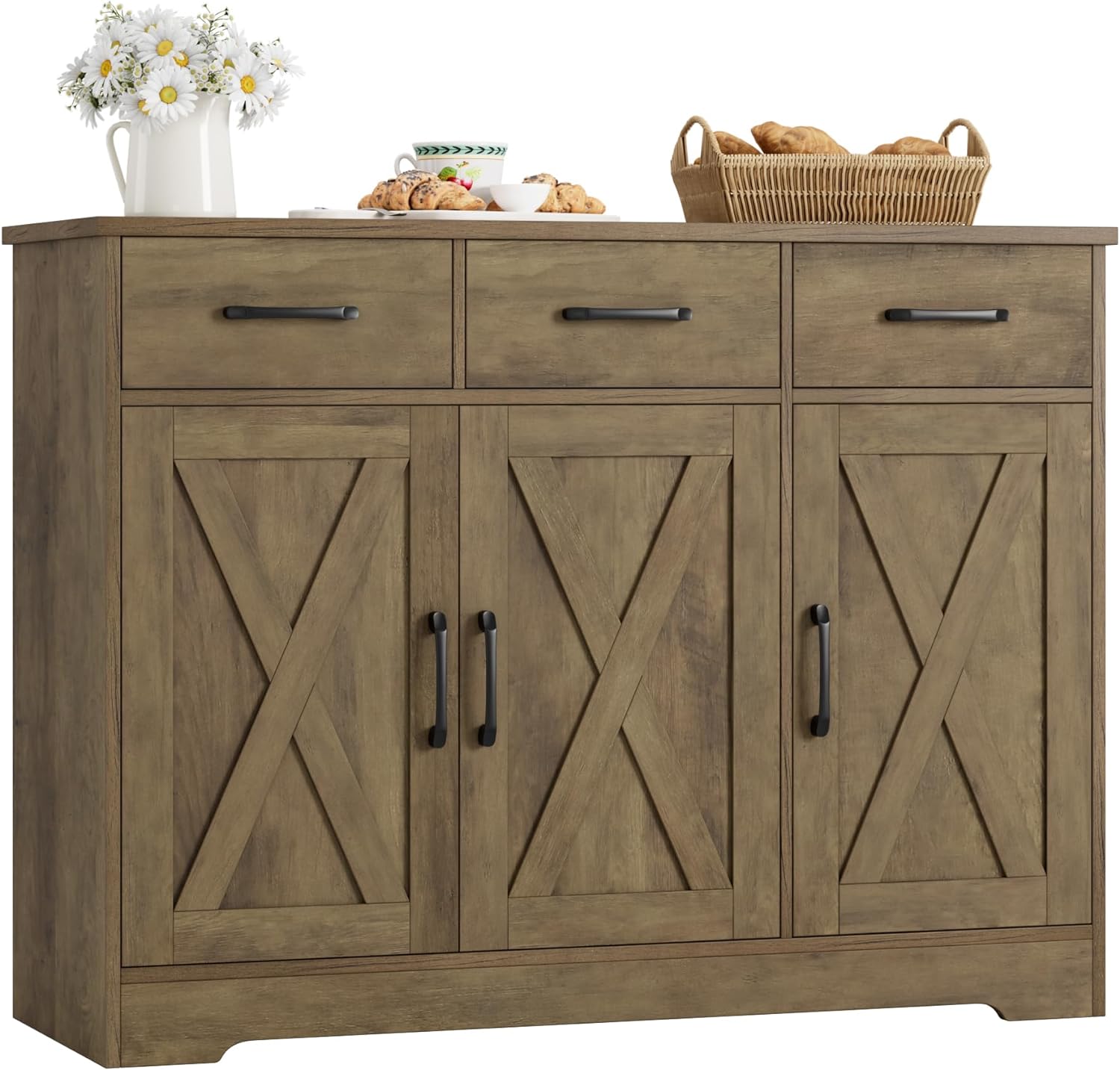 HOSTACK Modern Farmhouse Buffet Sideboard Cabinet, Barn Doors Storage Cabinet with Drawers and Shelves, Wood Coffee Bar Cabinet with Storage for Dining Room, Kitchen, Living Room, Rustic Brown