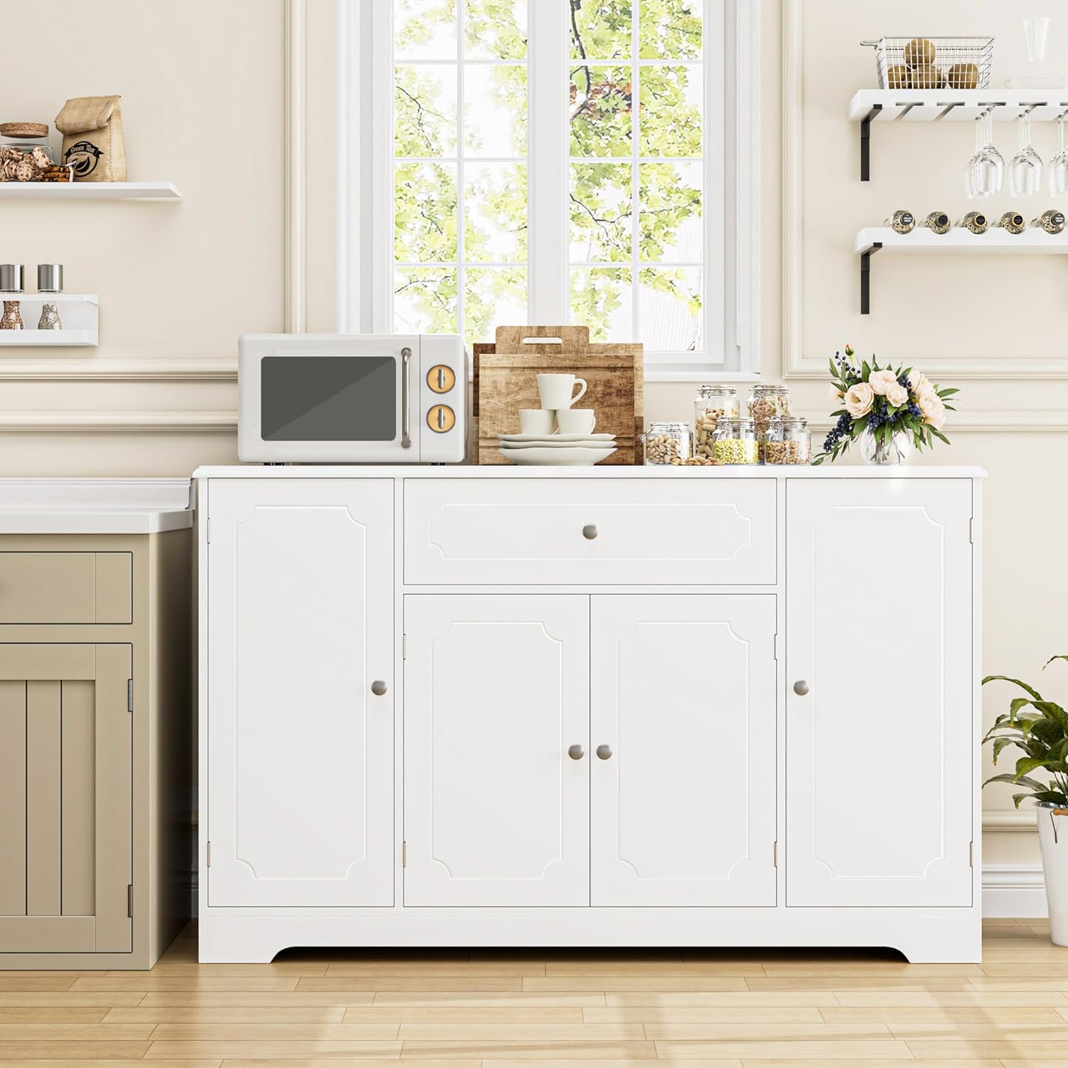 HOSTACK Sideboard Buffet Cabinet with Storage, Modern Kitchen Buffet Storage Cabinet with Drawer and Doors, 47.2 Large Coffee Bar with Adjustable Shelves for Kitchen, Dining Room, Living Room, White