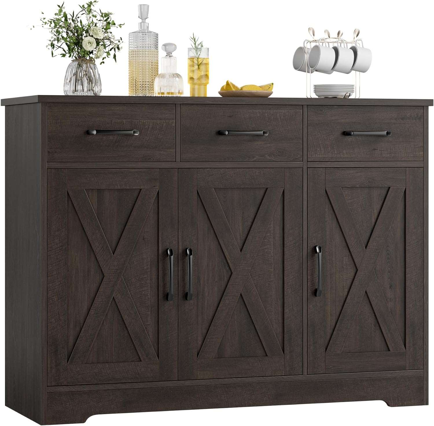 HOSTACK Modern Farmhouse Buffet Sideboard Cabinet, Barn Doors Storage Cabinet with Drawers and Shelves, Wood Coffee Bar Cabinet with Storage for Dining Room, Kitchen, Living Room, Dark Brown