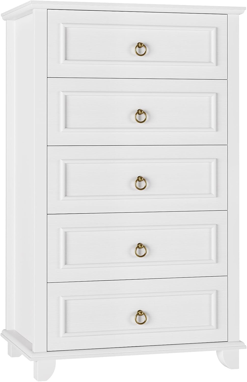 HOSTACK 5 Drawer Tall Dresser, Modern Farmhouse Chest of Drawers, Wood Dressers Organizer, Accent Storage Cabinet for Living Room, Hallway, Home Office, White