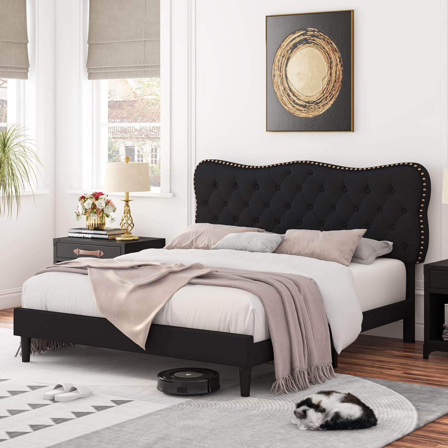 HOSTACK Queen Wood Frame Bed, Black, 43.3-45.3 in