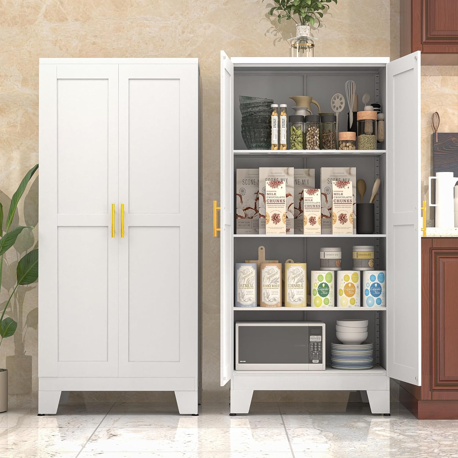 White Kitchen Storage Cabinet, Kitchen Pantry Storage Cabinet with Doors and Shelves, Storage Cabinet with Adjustable Leveling Foot for Kitchen, Living Room and Dinning Room. 61 H