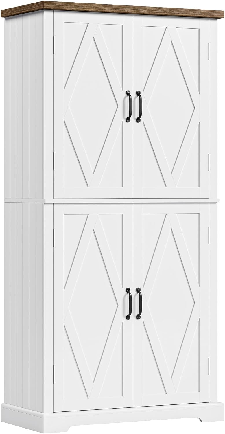 HOSTACK 64 Pantry Cabinet, Tall Kitchen Pantry Storage Cabinet, Modern Farmhouse Bathroom Storage Cabinet, Large Bookcase, 4 Doors|Adjustable Shelves, for Dining Room, Living Room, Home Office, White