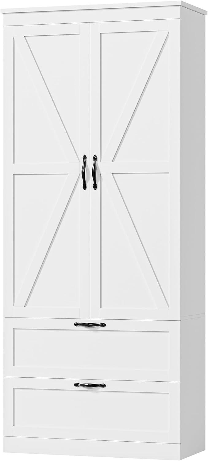 HOSTACK 70 Tall Kitchen Pantry Storage Cabinet, Barn Doors Pantry Cabinet with Drawers and Adjustable Shelf, Modern Farmhouse Storage Cabinet for Kitchen, Dining Room, Living Room, Bathroom, White