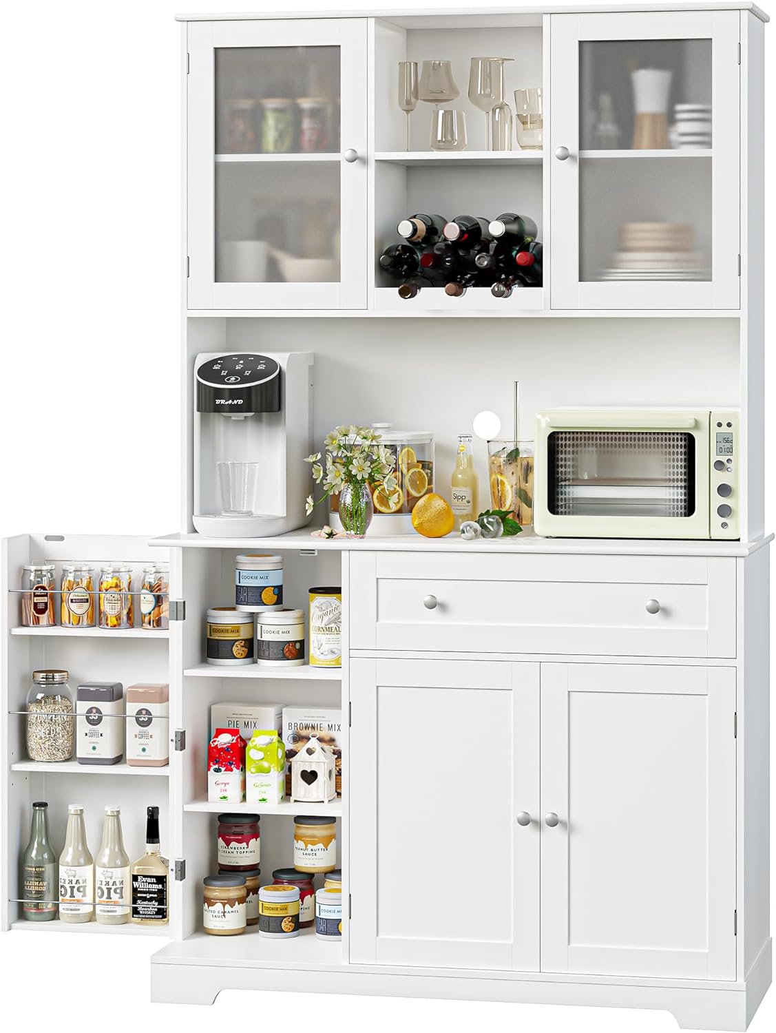 HOSTACK Kitchen Pantry Storage Cabinet, Modern Buffet Cabinet with Hutch, Tall Kitchen Hutch Cabinet with Microwave Stand, Food Pantry Cabinet with Doors and Shelves | Wine Rack for Dining Room, White