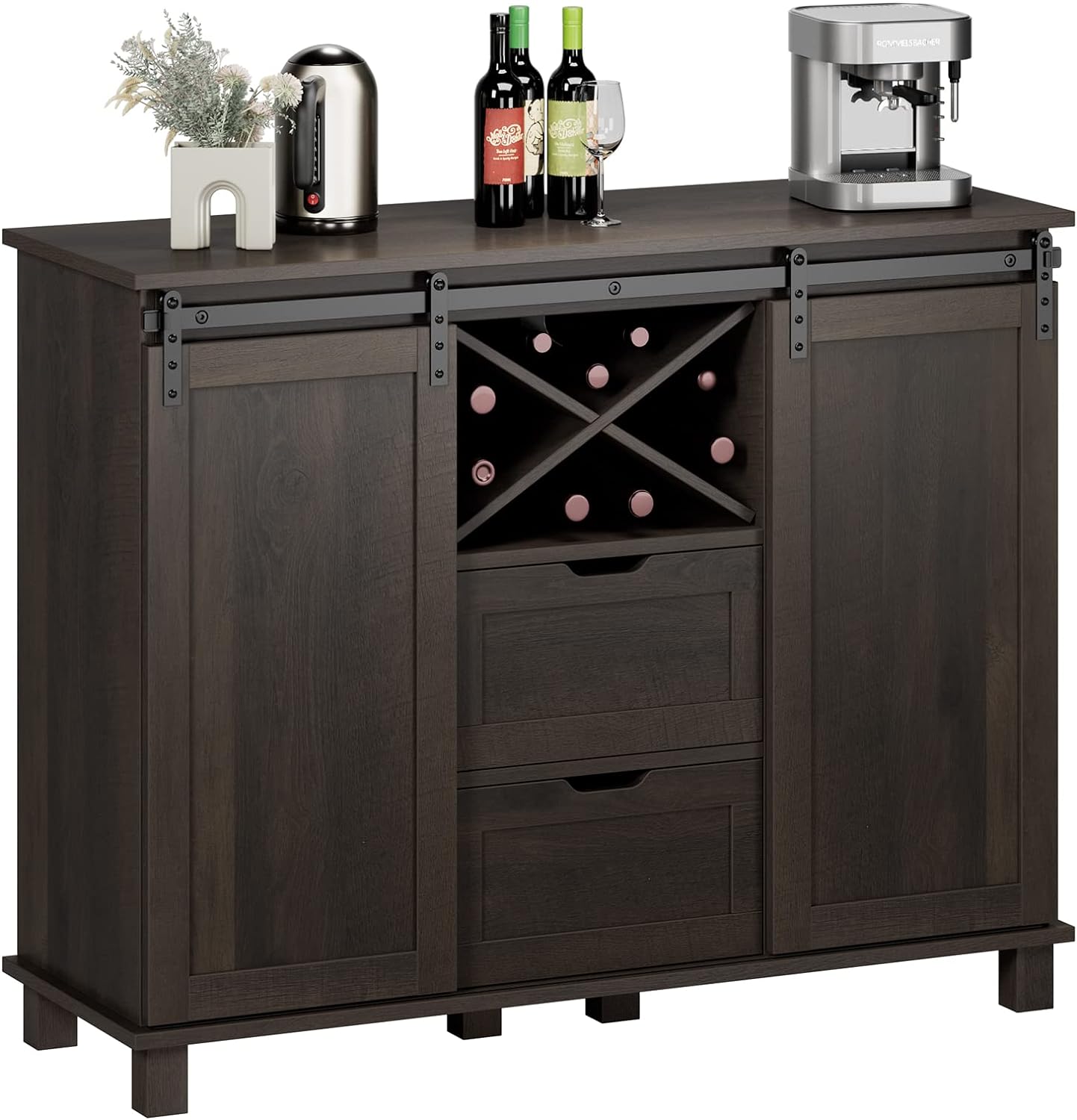 HOSTACK Farmhouse Buffet Sideboard, Coffee Bar Cabinet with Storage, Liquor Wine Cabinet with Sliding Barn Doors, Accent Storage Cabinet for Kitchen, Dark Brown