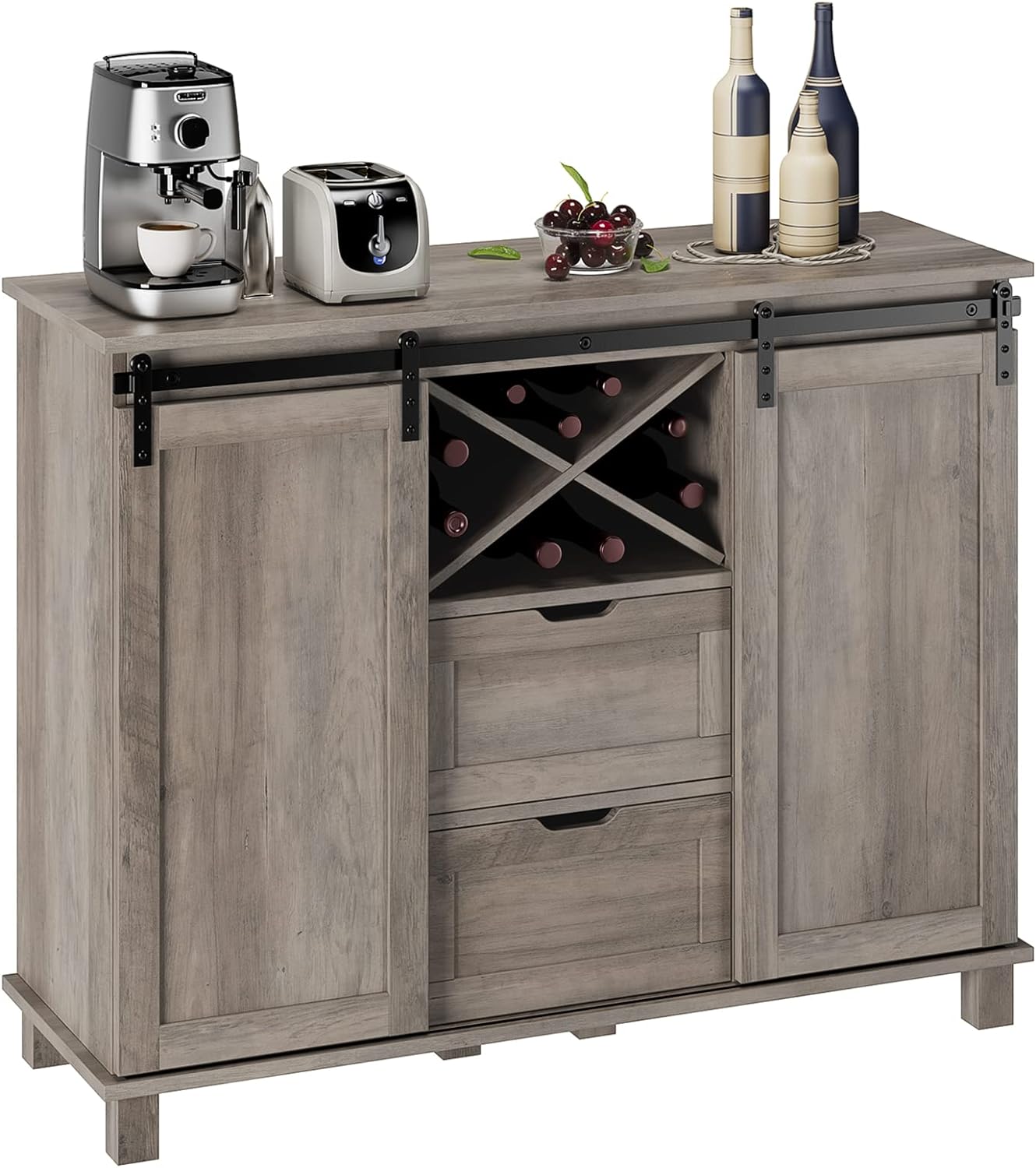 HOSTACK Farmhouse Buffet Sideboard, Coffee Bar Cabinet with Storage, Liquor Wine Cabinet with Sliding Barn Doors, Accent Storage Cabinet for Kitchen, Ash Grey