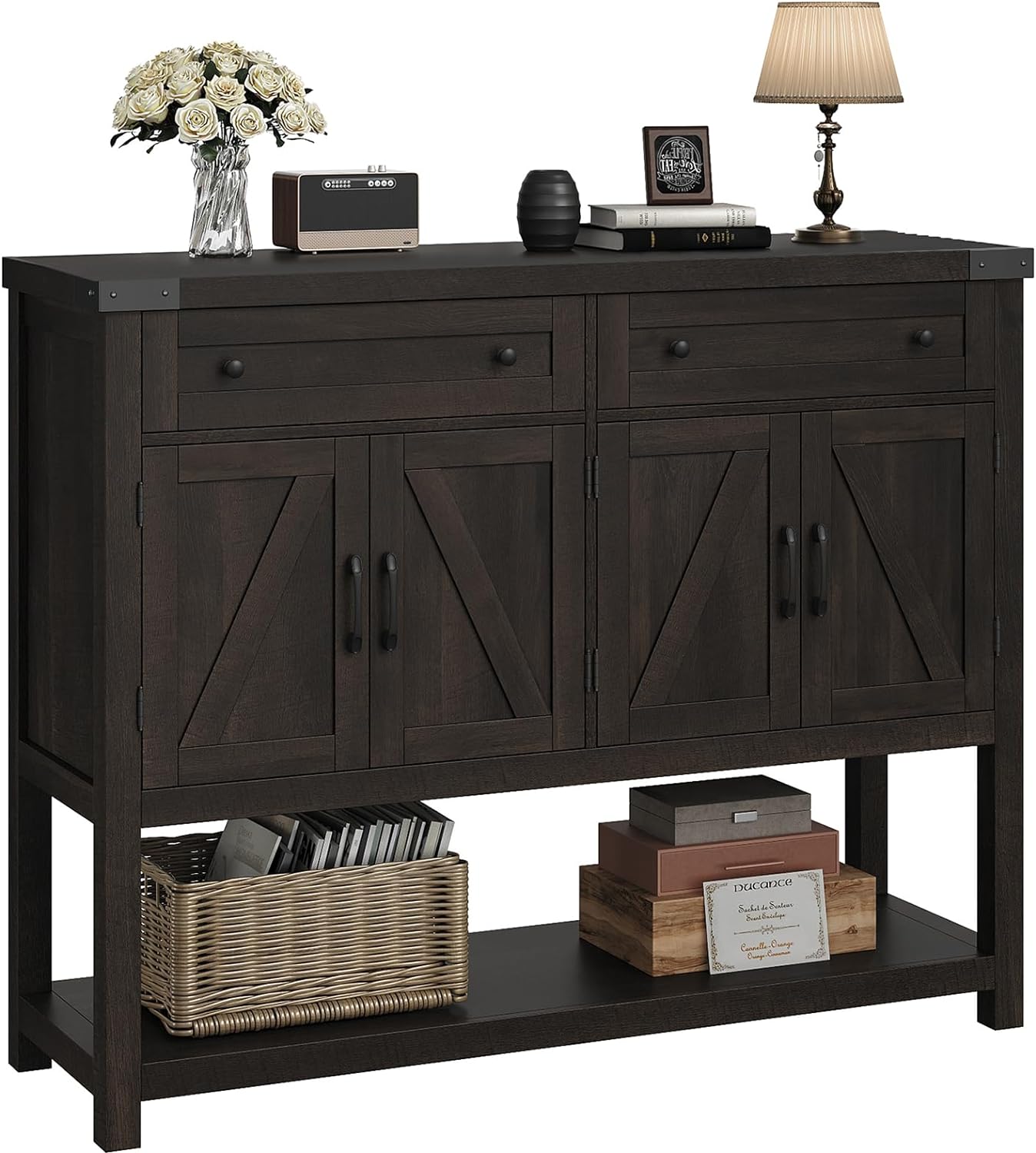 HOSTACK Buffet Sideboard Cabinet with Storage, 47.2 Modern Farmhouse Coffee Bar with 2 Drawers, Barn Door Console Table with Shelf for Kitchen, Dining Room, Living Room, Entryway (Dark Brown)