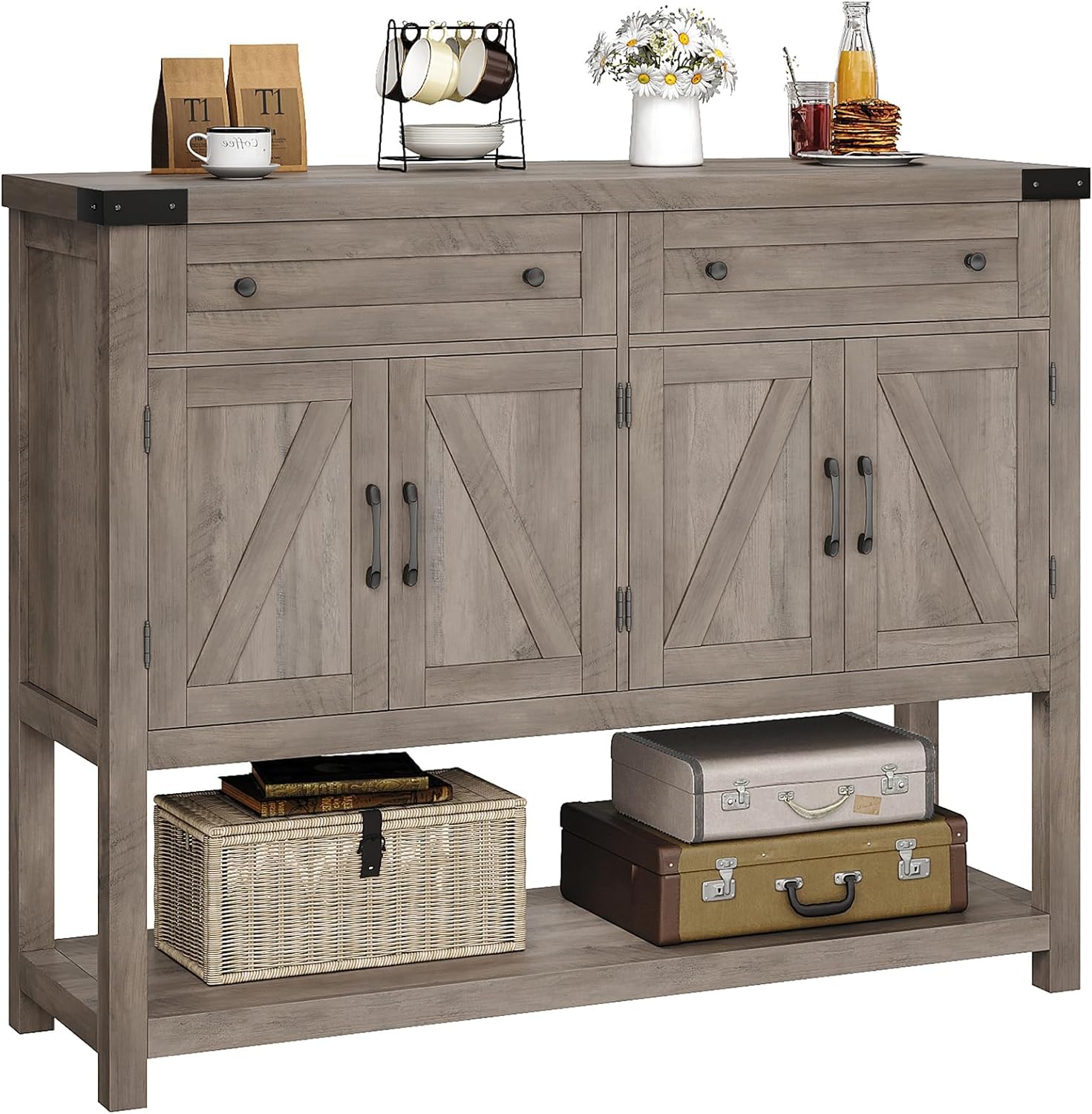 HOSTACK Buffet Sideboard Cabinet with Storage, 47.2 Modern Farmhouse Coffee Bar with 2 Drawers, Barn Doors Console Table with Shelf for Kitchen, Dining Room, Living Room, Entryway (Ash Grey)