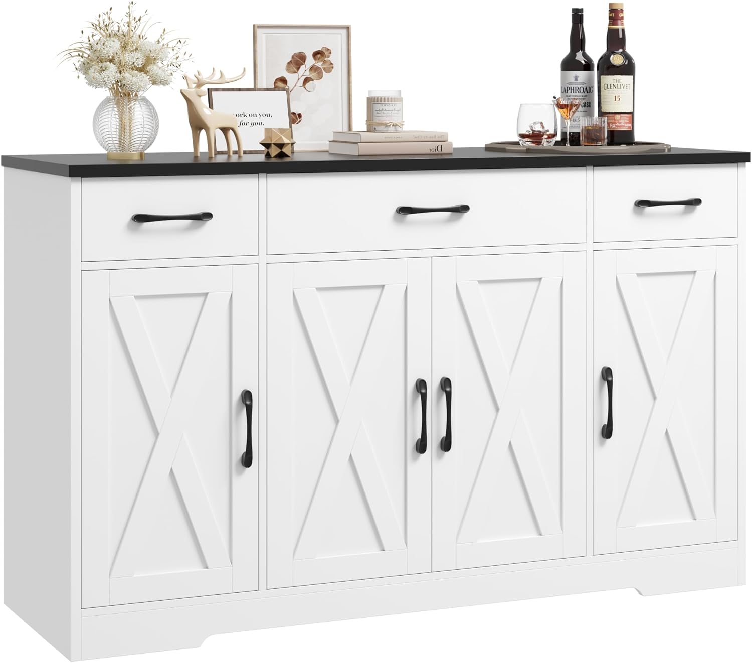 HOSTACK Buffet Cabinet with Drawers, 55 Large Sideboard Buffet Storage Cabinet with Shelves & 4 Doors, Modern Farmhouse Coffee Bar Cabinet Wood Buffet Table for Kitchen, Dining Room, White/Black