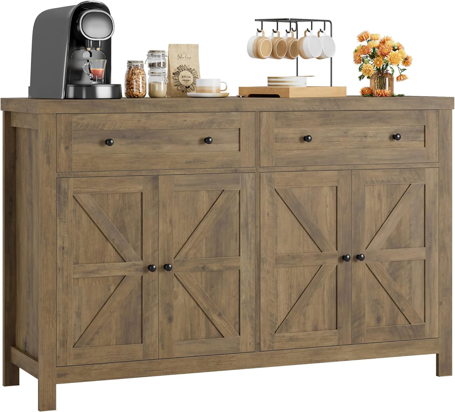 HOSTACK 55 Buffet Sideboard Cabinet with Storage, Modern Farmhouse Coffee Bar Cabinet with Drawers and Shelves, Barn Doors Storage Cabinet for Kitchen, Living Room, Rustic Brown