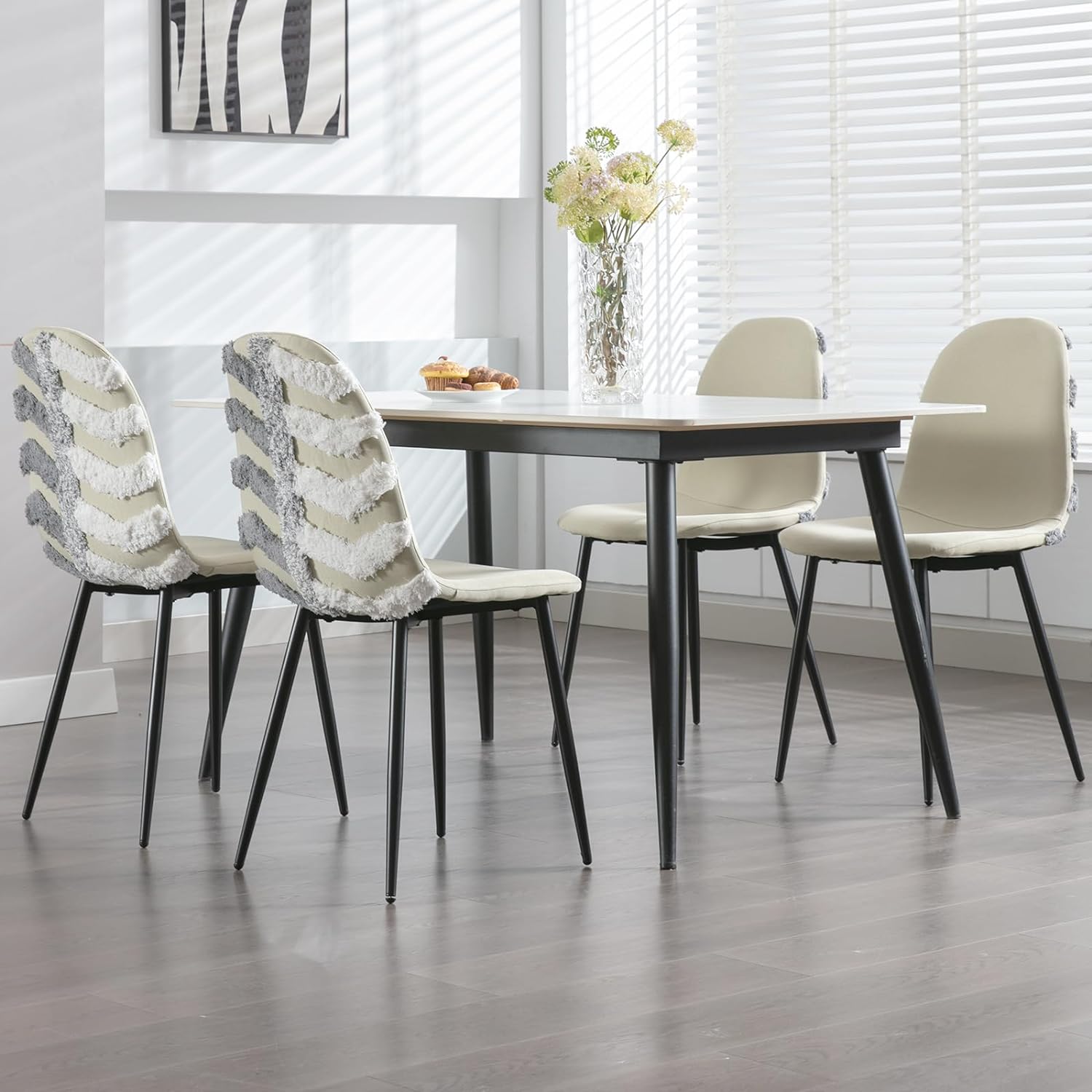 Boho Dining Chairs Set of 4 Modern Side Chair with Unique Back & Metal Legs, Mid Century Upholstered Shell Chair for Kitchen/Dining Room/Restaurant, Gray-White Stripes