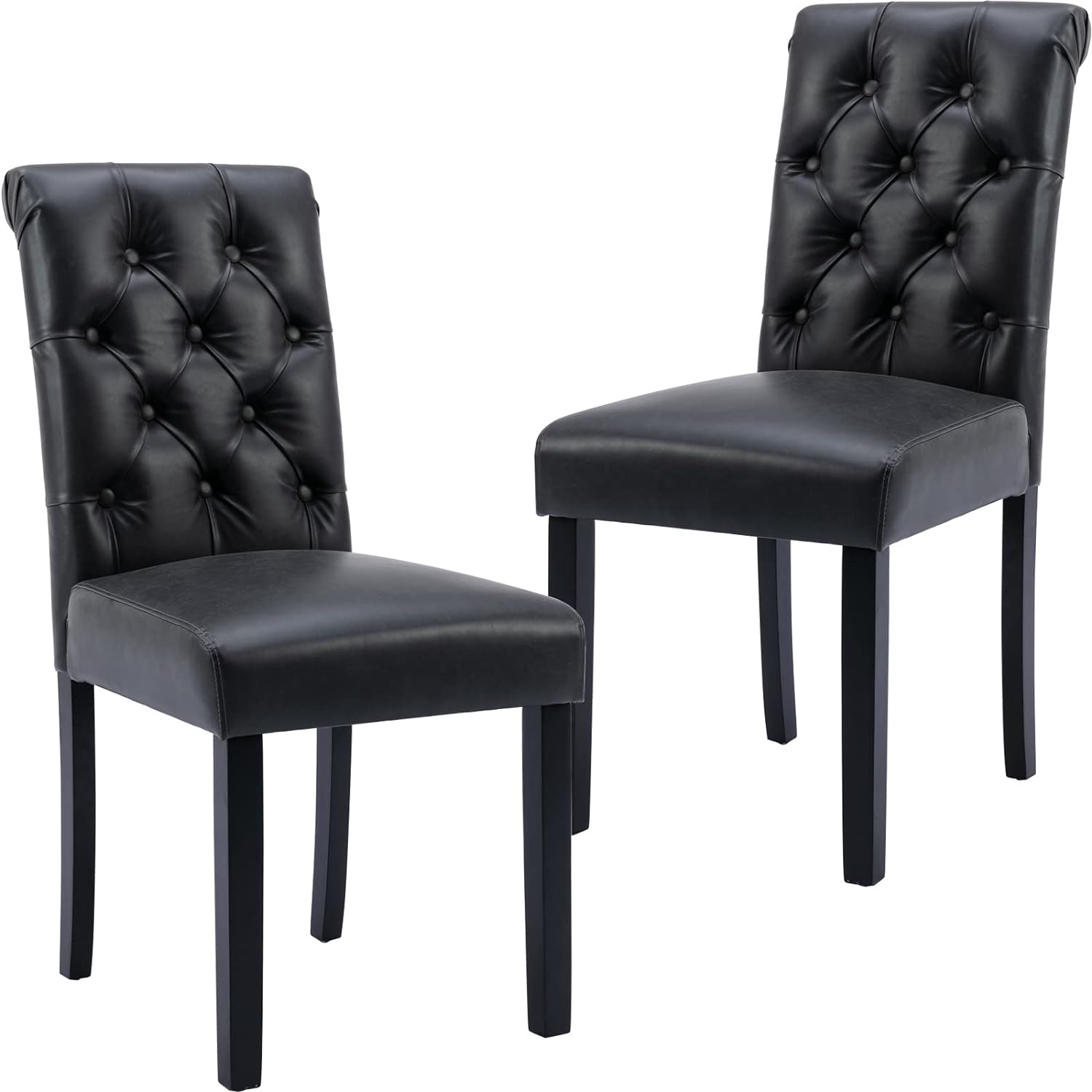 Tufted Parsons Dining Chair Set of 2 Leather Living Room Armless Side Chair, Upholstered Kitchen Chair with Solid Wood Legs for Home Kitchen & Restaurant, PU Black