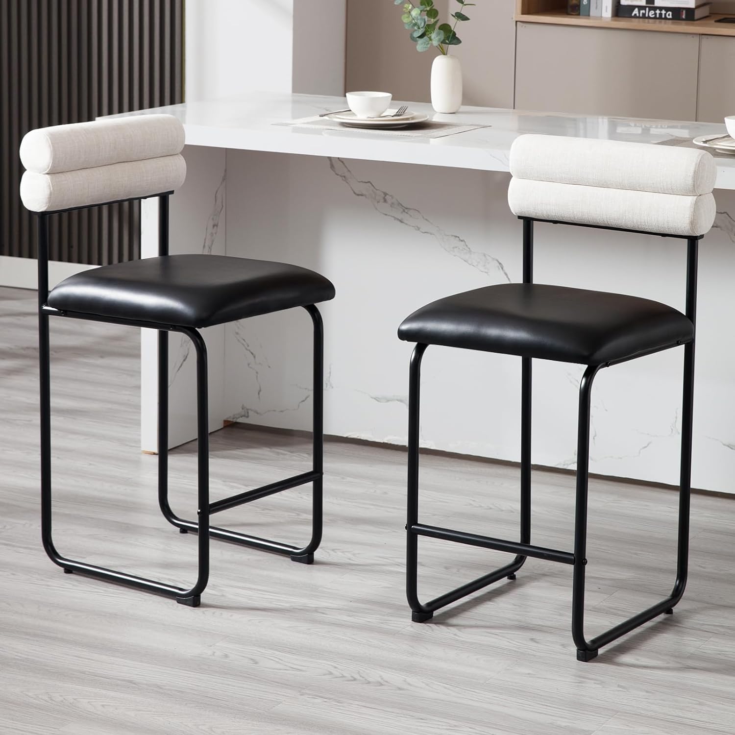 Set of 2 Counter Height Bar Stools Modern Upholstered PU Leather Bar Stool with Back & Black Metal Frame, 26 Inch Armless Kitchen Island Stool for Home Bar/Dining Room/Apartment, Black