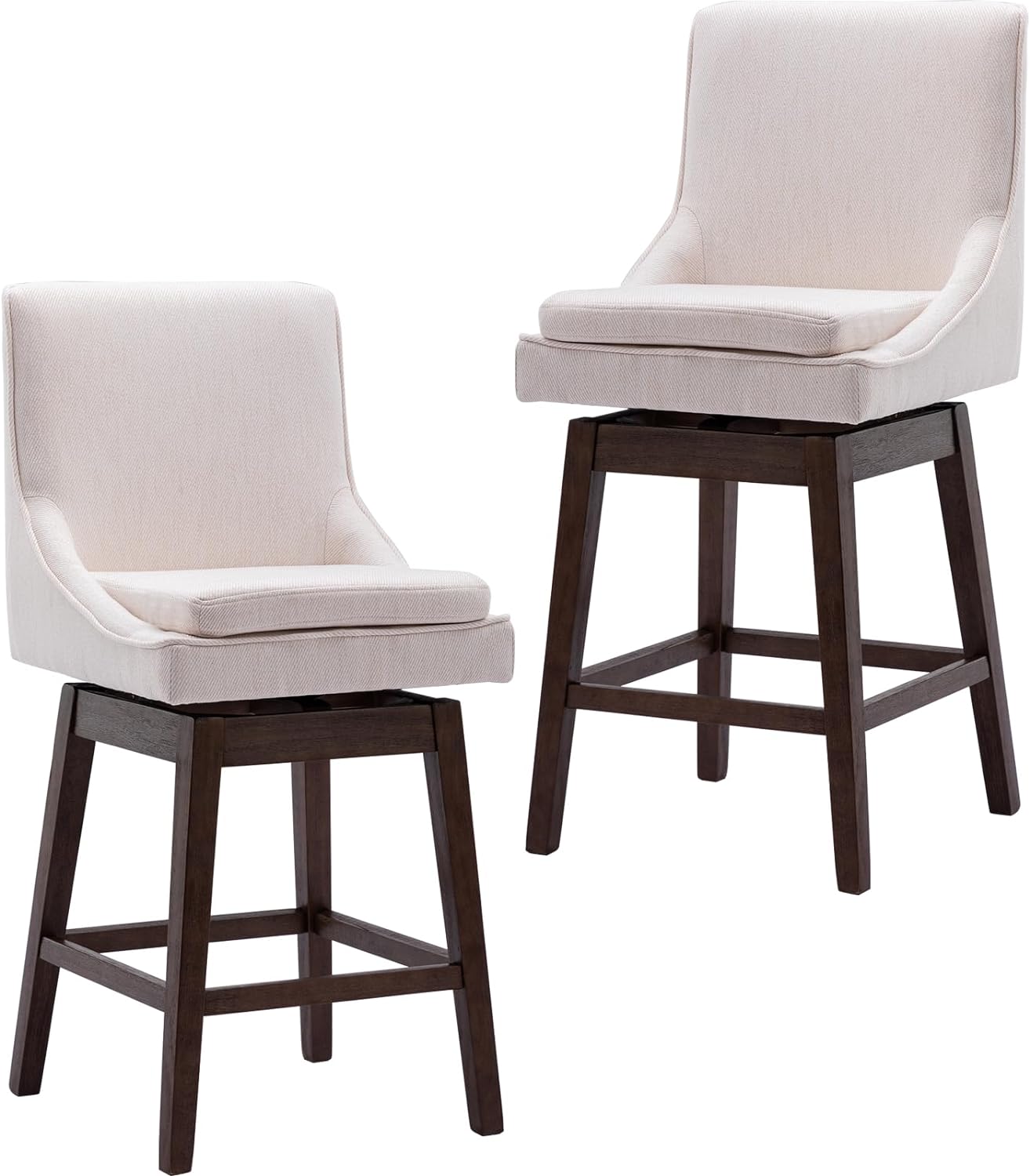 Counter Height Swivel Barstool Set of 2 Linen Fabric Upholstered Wood Bar Stools 27 H Seat Height, 360 Free Rotate Stool Chair for Dining Room Kitchen Island High Table, Linen Cream