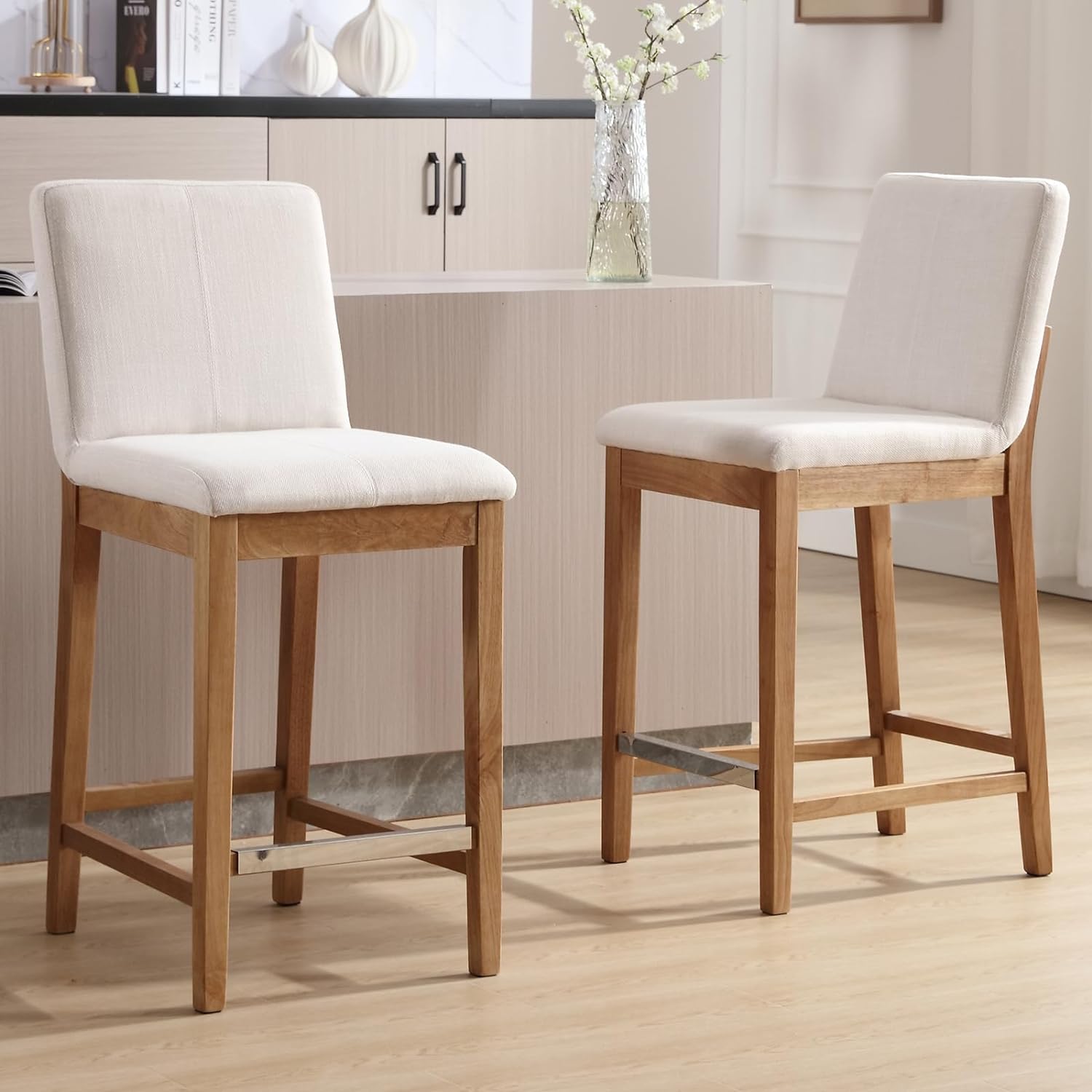 Counter Height Bar Stools Set of 2, 26'' Modern Upholstered Barstools with Natural Wood Leg, Stool Chair for Kitchen Island, Home Bar, High Table, Pub, Linen Beige