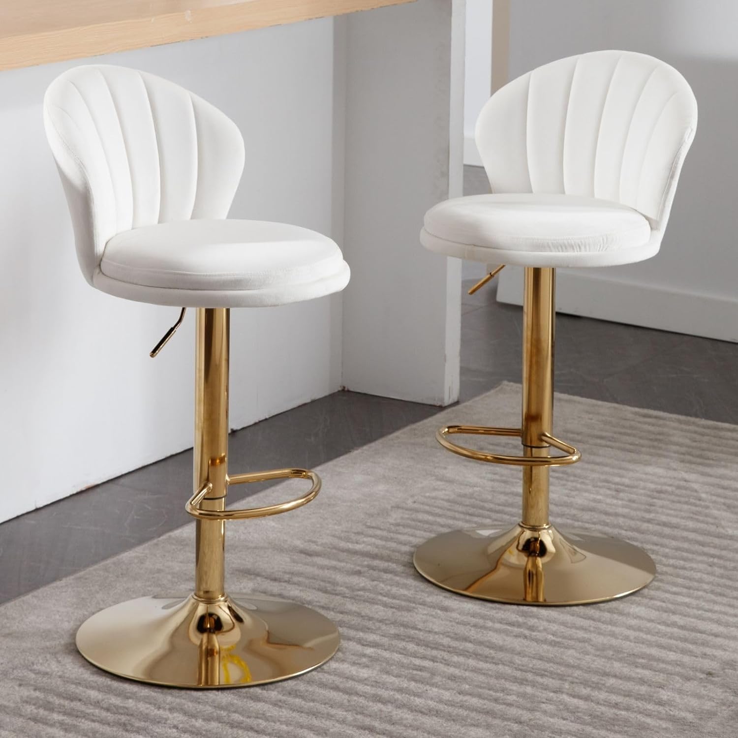 DUOMAY Modern Swivel Bar Stools Set of 2, Velvet Adjustable Height Barstool with Shell Back Kitchen Island Counter Bar Chair with Gunmetal Base, Beige