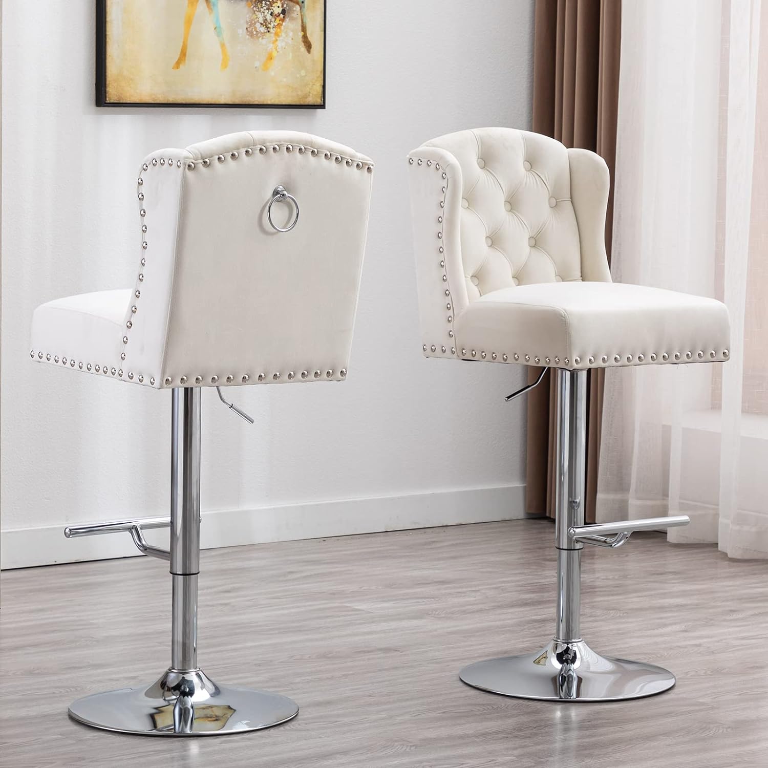 DUOMAY Swivel Bar Stools Set of 2, Modern Velvet Adjustable Counter Height Bar Stools with Back Pull Ring, Kitchen Island Bar Chair with Chrome Base for Dining Room Bar Coffee Shop, White