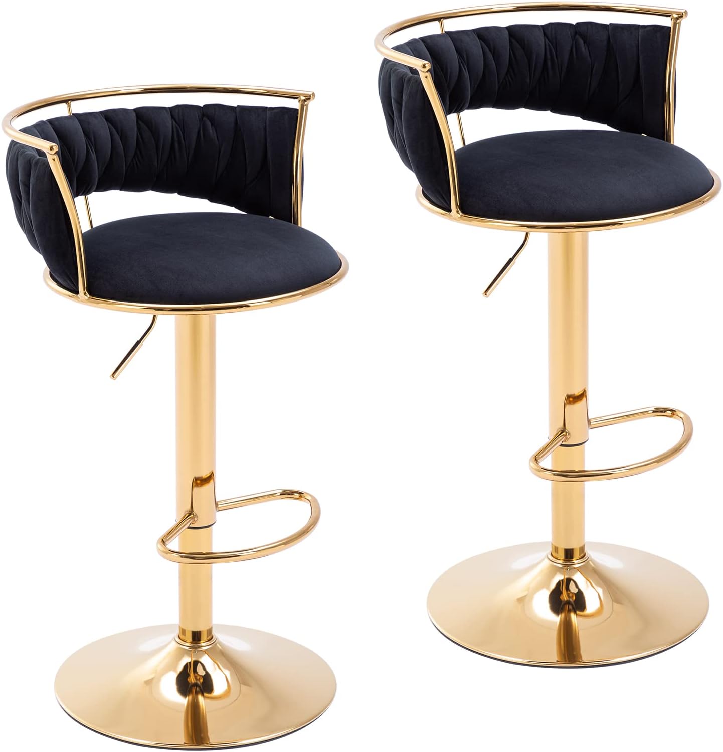 DUOMAY Modern Swivel Bar Stools Set of 2, Velvet Adjustable Height Barstools Low Back Kitchen Island Counter Bar Chair with Golden Base, Black