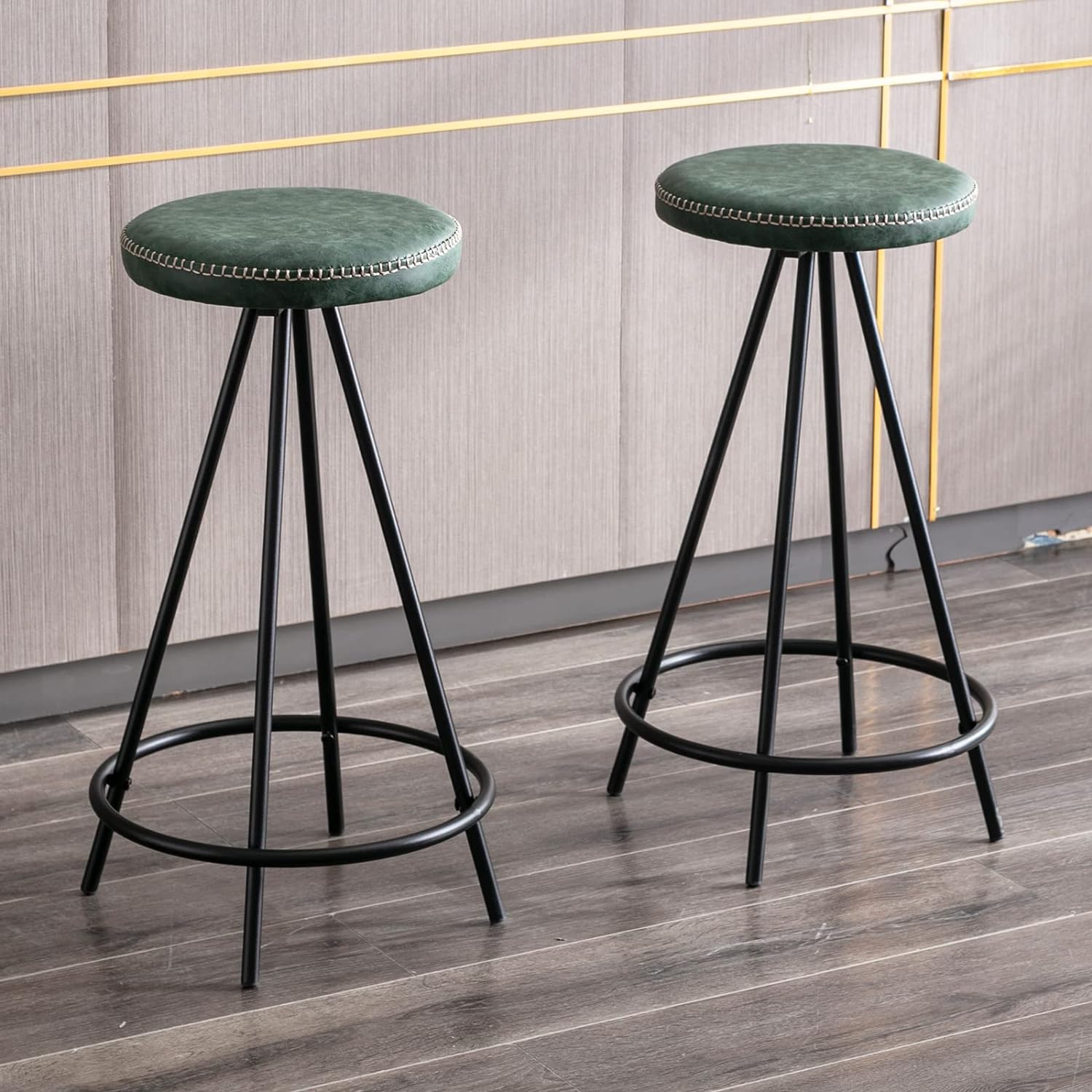 DUOMAY Modern Industrial Bar Stools Set of 2, 26 Inch Counter Height Stools with Black Metal LegsSmall PU Backless Barstools for Kitchen Dining Room, Coffee Shop, Green