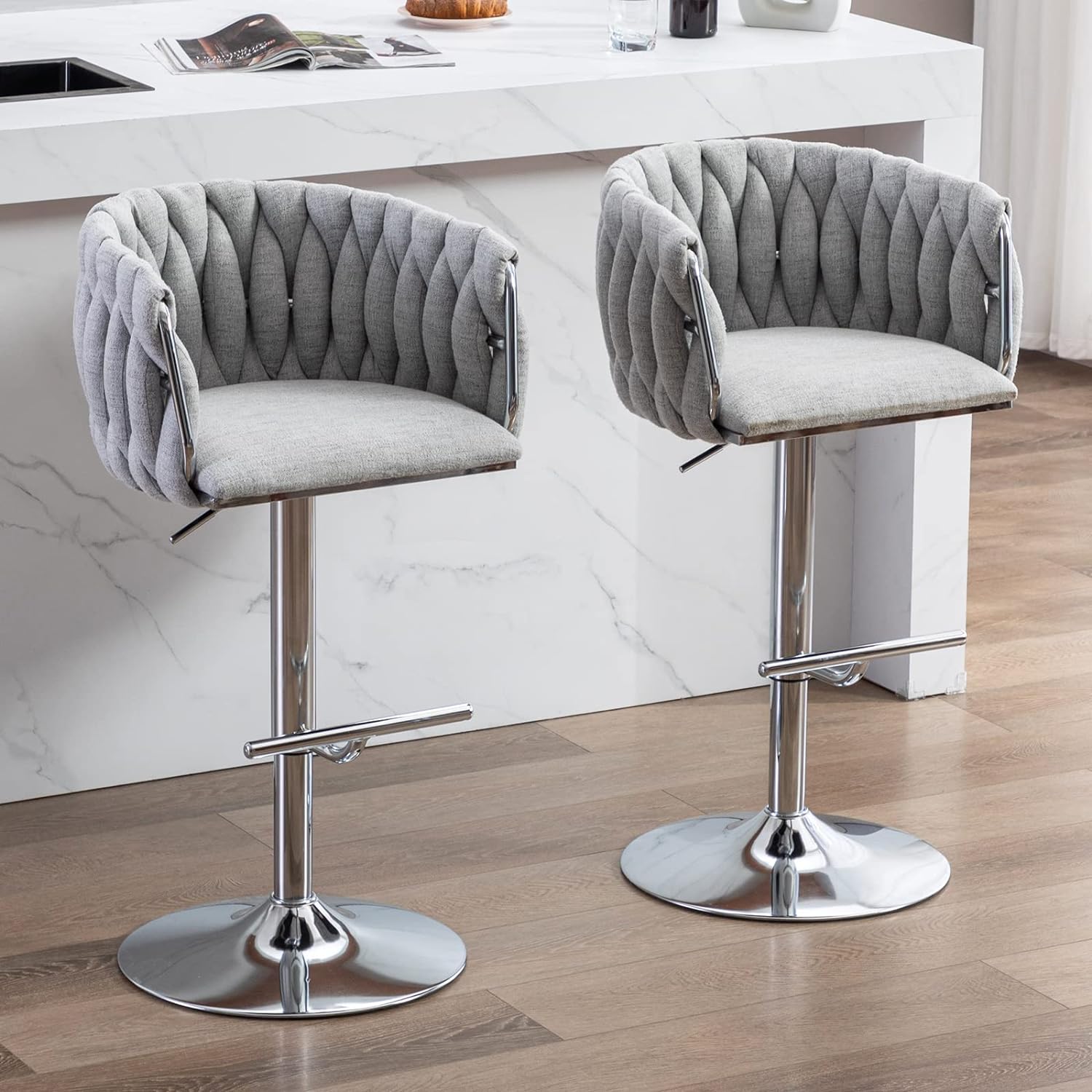 DUOMAY Modern Swivel Bar Stools Set of 2, Linen Fabric Adjustable Height Barstool with Barrel Back Kitchen Island Counter Bar Chair with Chrome Base, Grey