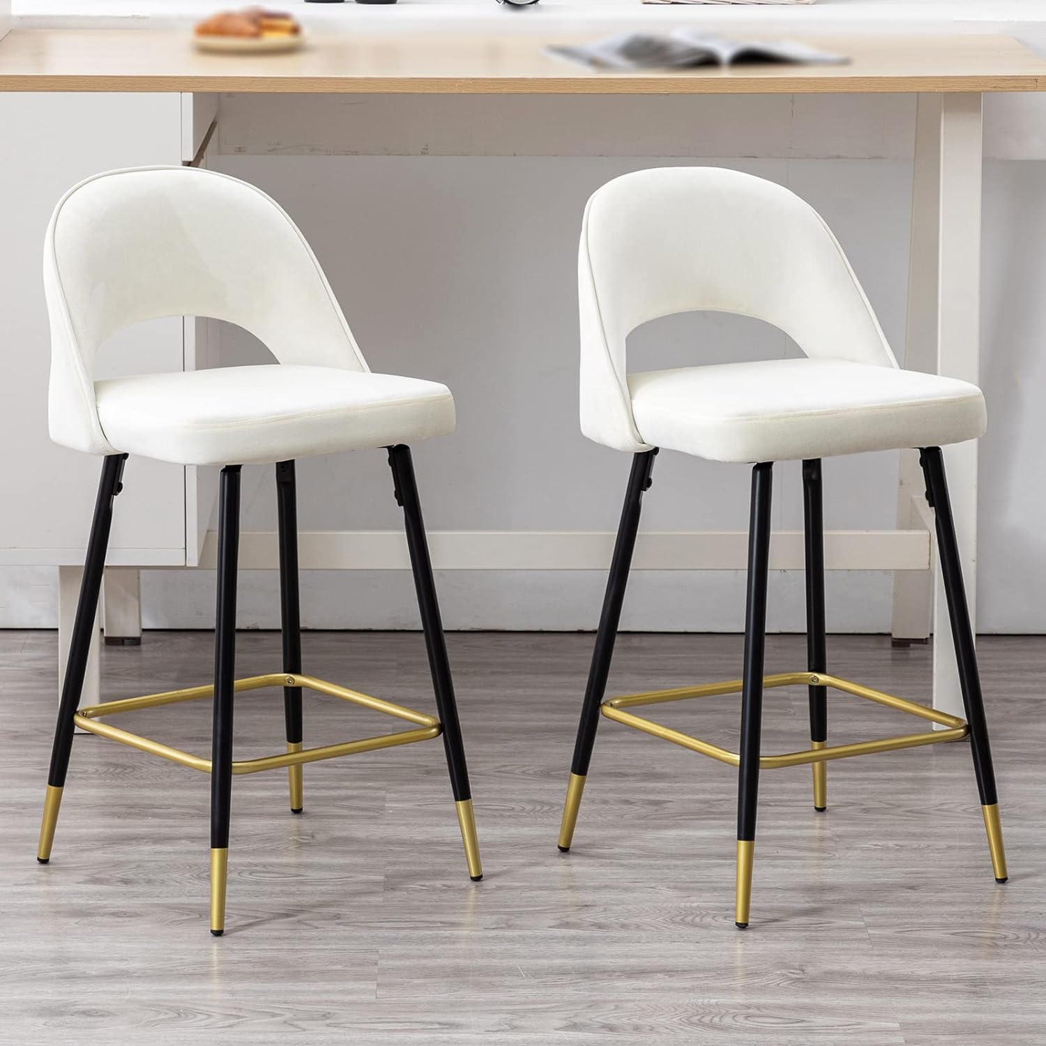 DUOMAY Mid Century Modern Bar Stools Set of 2, 26 Counter Height Barstools with Open Back, Velvet Armless Kitchen Island Chair with Black Metal Legs for Dining Room Bar Coffee Shop, Beige