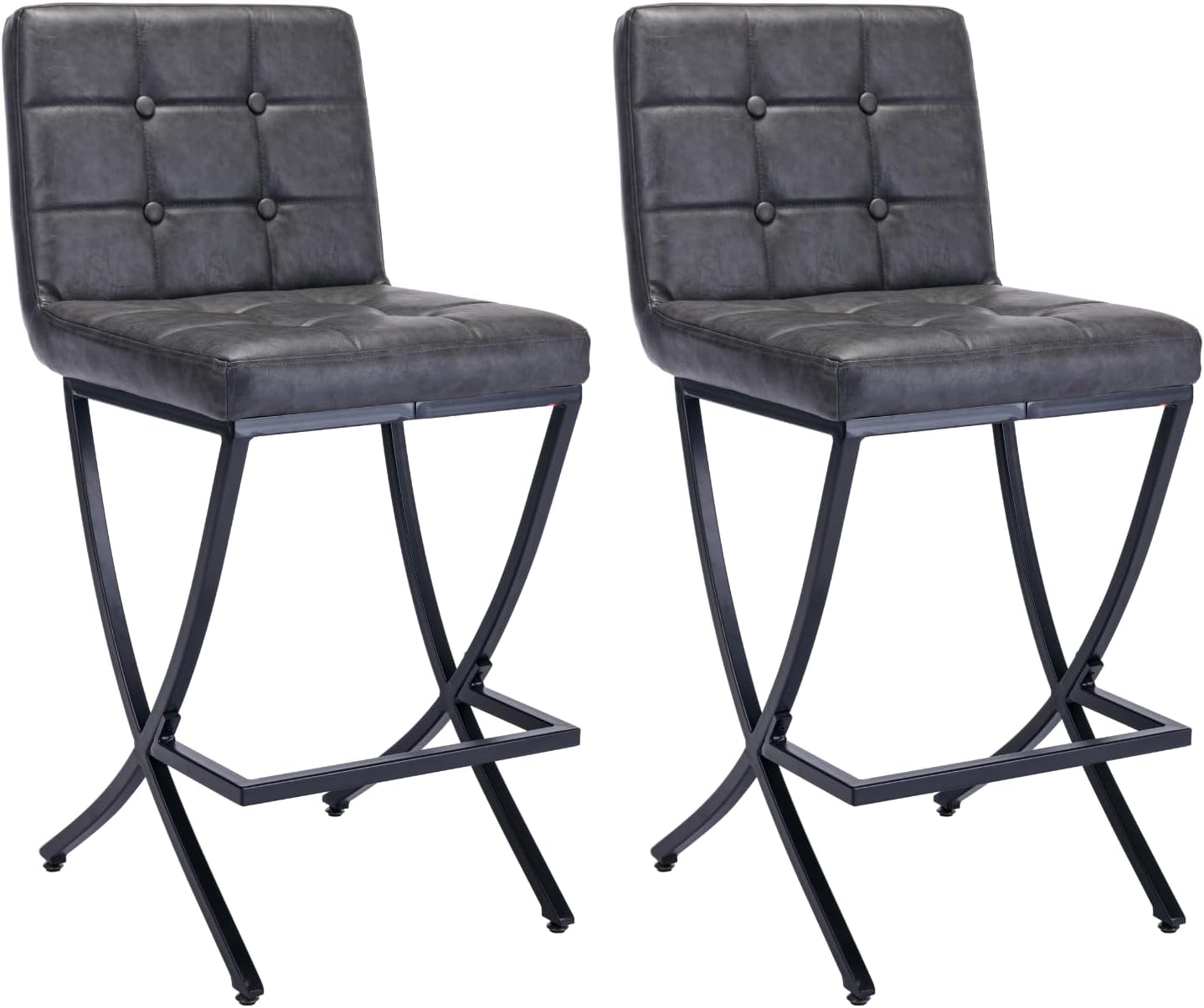 DUOMAY Modern Bar Stools Set of 2, 26 Counter Height Stools Button Tufted PU Leather kitchen Chair with X Metal Base, Armless Island Stool with Back for Kitchen Home Bar Coffee Shop Office, Dark Grey