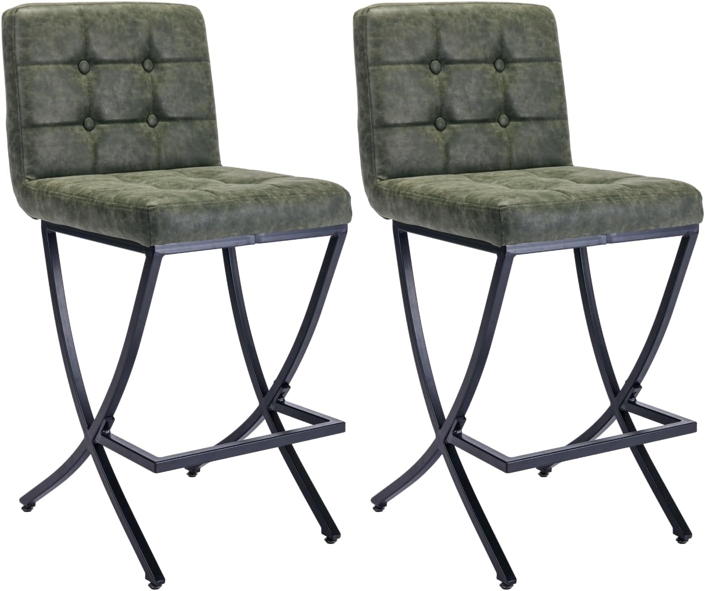 DUOMAY Modern Bar Stools Set of 2, 26 Counter Height Stools Button Tufted PU Leather Kitchen Chair with X Metal Base, Armless Island Stool with Back for Kitchen Home Bar Coffee Shop Office, Green