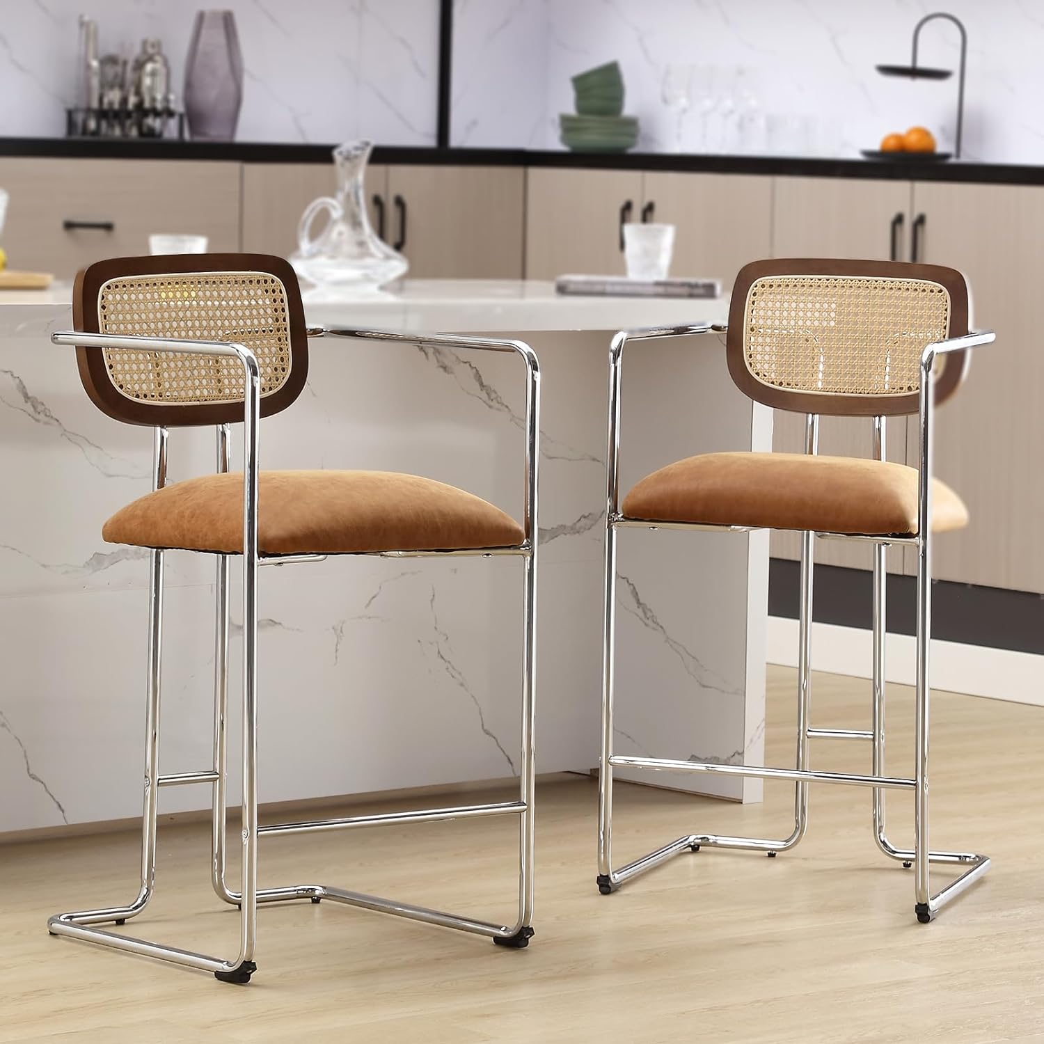 DUOMAY Mid-Century Modern Bar Stools Set of 2, 26 Counter Height Stools with Rattan Back, Faux Leather Upholstered Kitchen Chair with Arms and Chrome Finish for Kitchen Home Bar Office, Brown