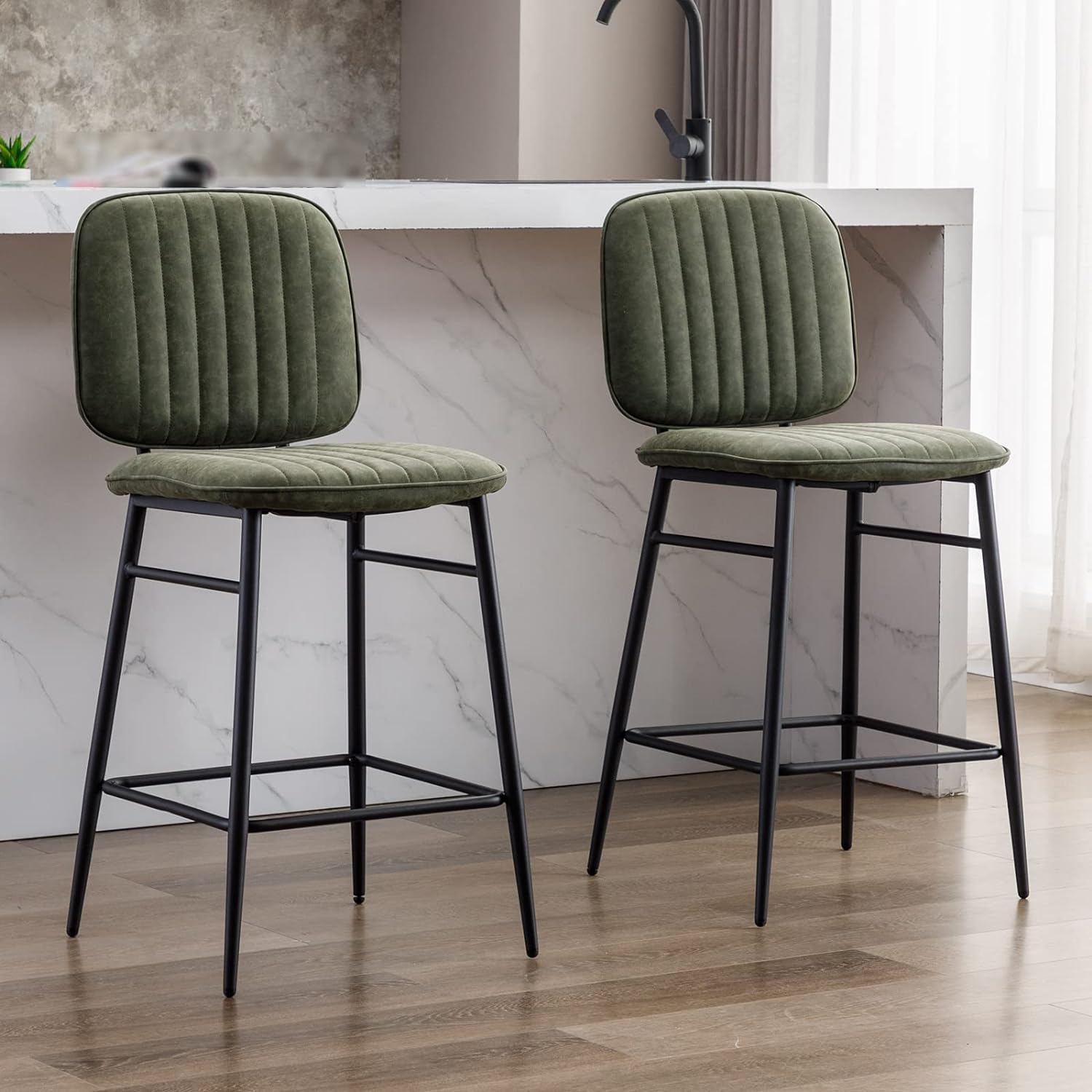 DUOMAY Mid Century Modern Bar Stools Set of 2, 26 Counter Height Barstools with Back, PU Leather Armless Kitchen Island Chair with Metal Legs for Dining Room Bar Coffee Shop, Green