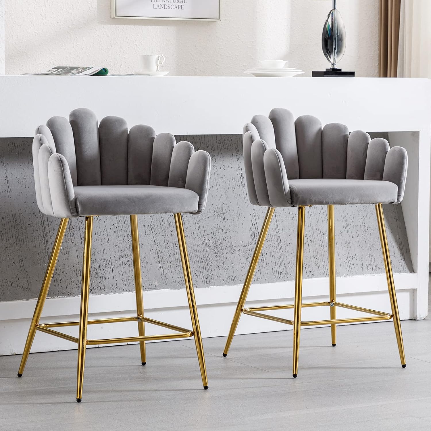 DUOMAY Modern Bar Stools Set of 2, 26 Counter Height Stools, Velvet Upholstered Kitchen Island Barrel Chair with Gold Metal Legs for Home Kitchen Bistro Coffee Shop Restaurants, Grey