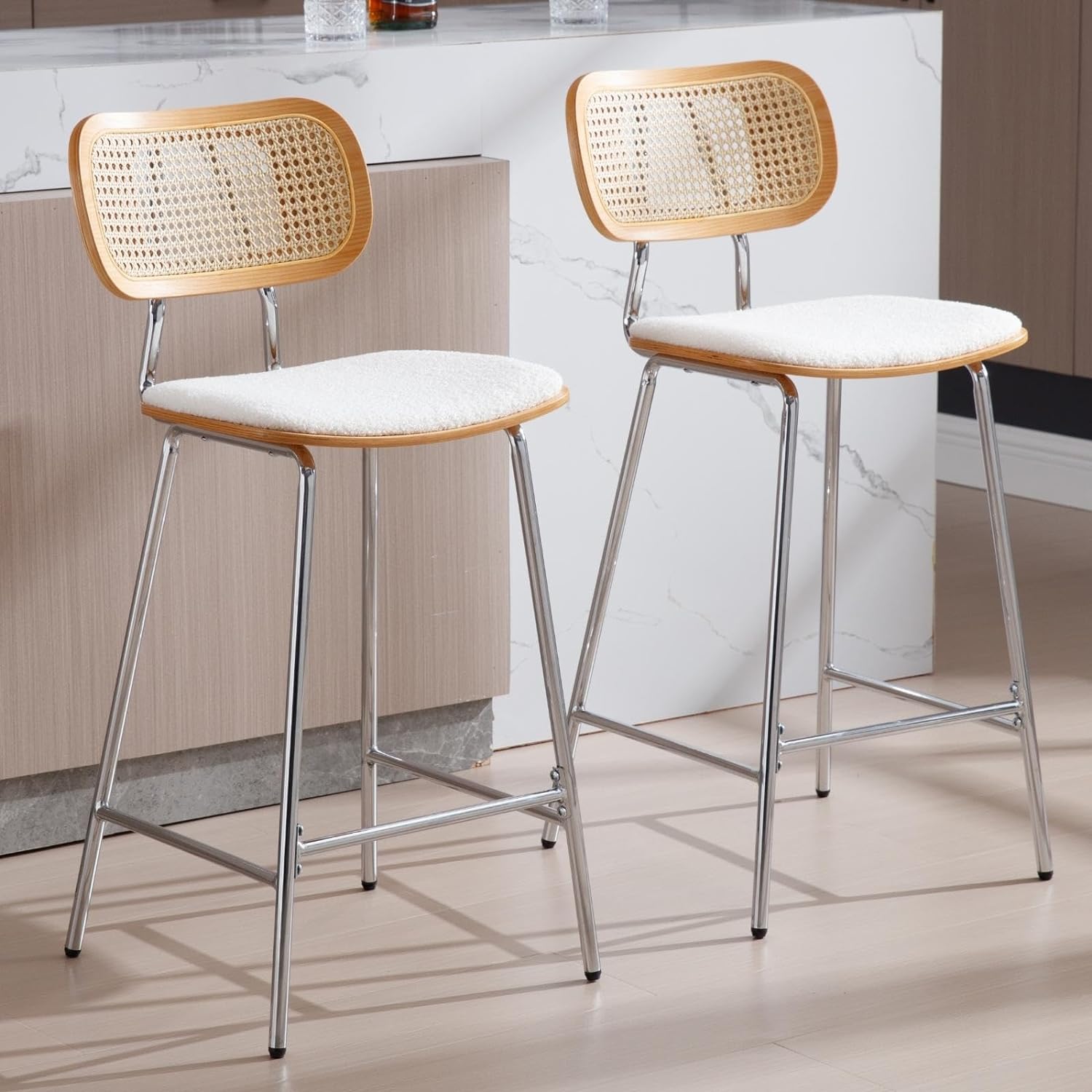 DUOMAY Modern Bar Stools Set of 2, 26 Counter Height Barstools with Rattan Back, Sherpa Upholstered Kitchen Island Chair with Silver Metal Legs for Home Bar Coffee Shop, White