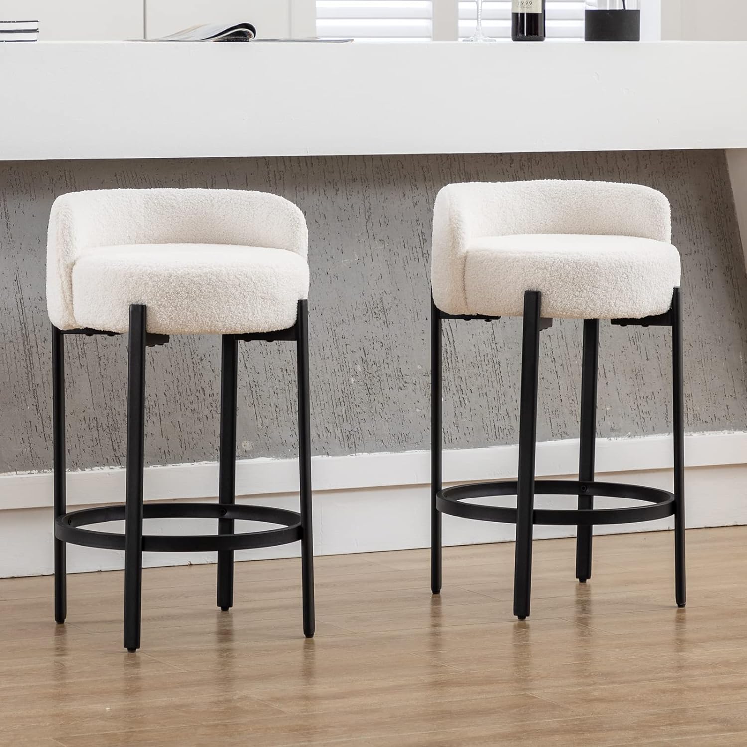 DUOMAY Counter Height Bar Stools 26 Round Barstools Set of 2, Modern Sherpa Fabric Counter Stools with Black Metal Legs for for Kitchen Island Counter, Small Space, White