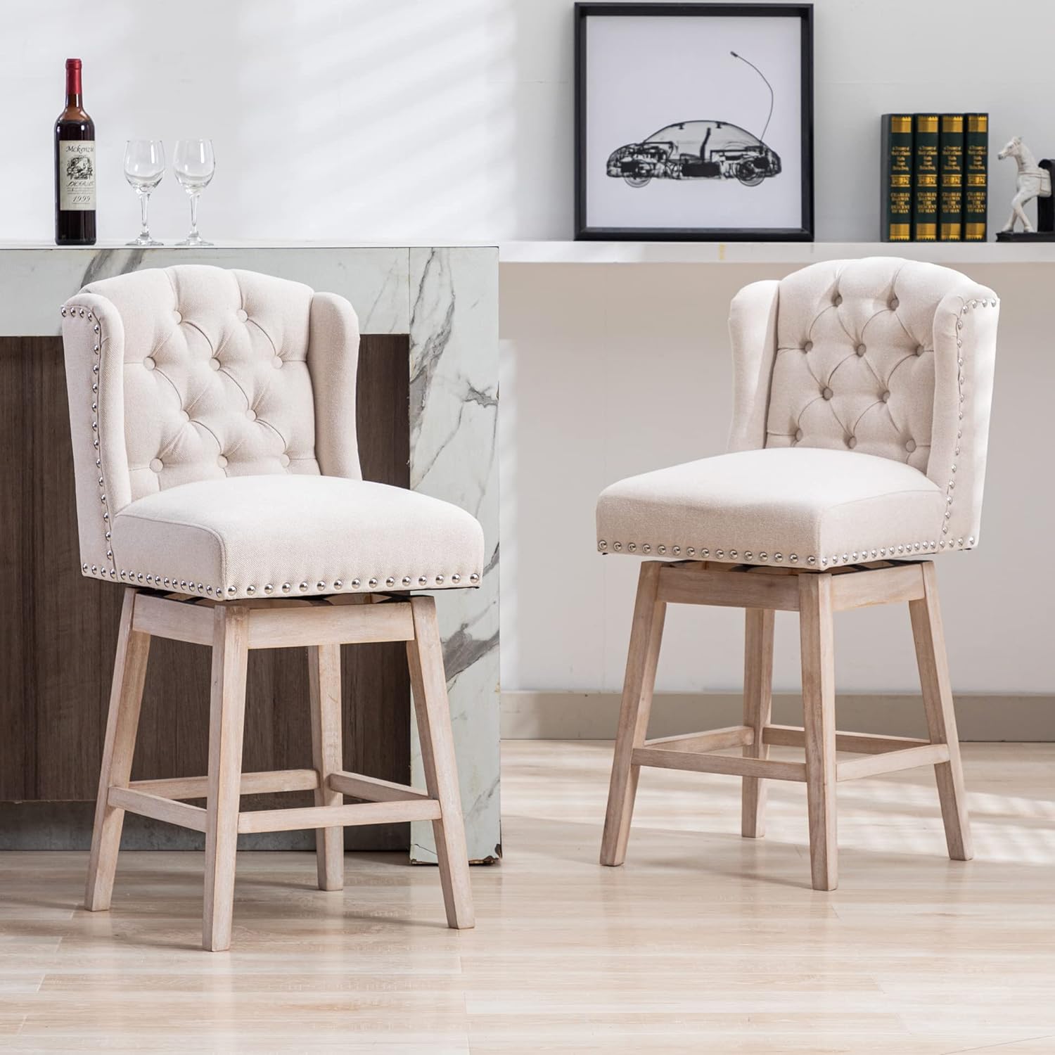 DUOMAY Swivel Tufted Bar Stools Set of 2, 28 Counter Height Bar Chairs with Back,Linen Fabric Kitchen Island Chair Barstools with Wood Legs for Dining Room Bar Coffee Shop, Beige