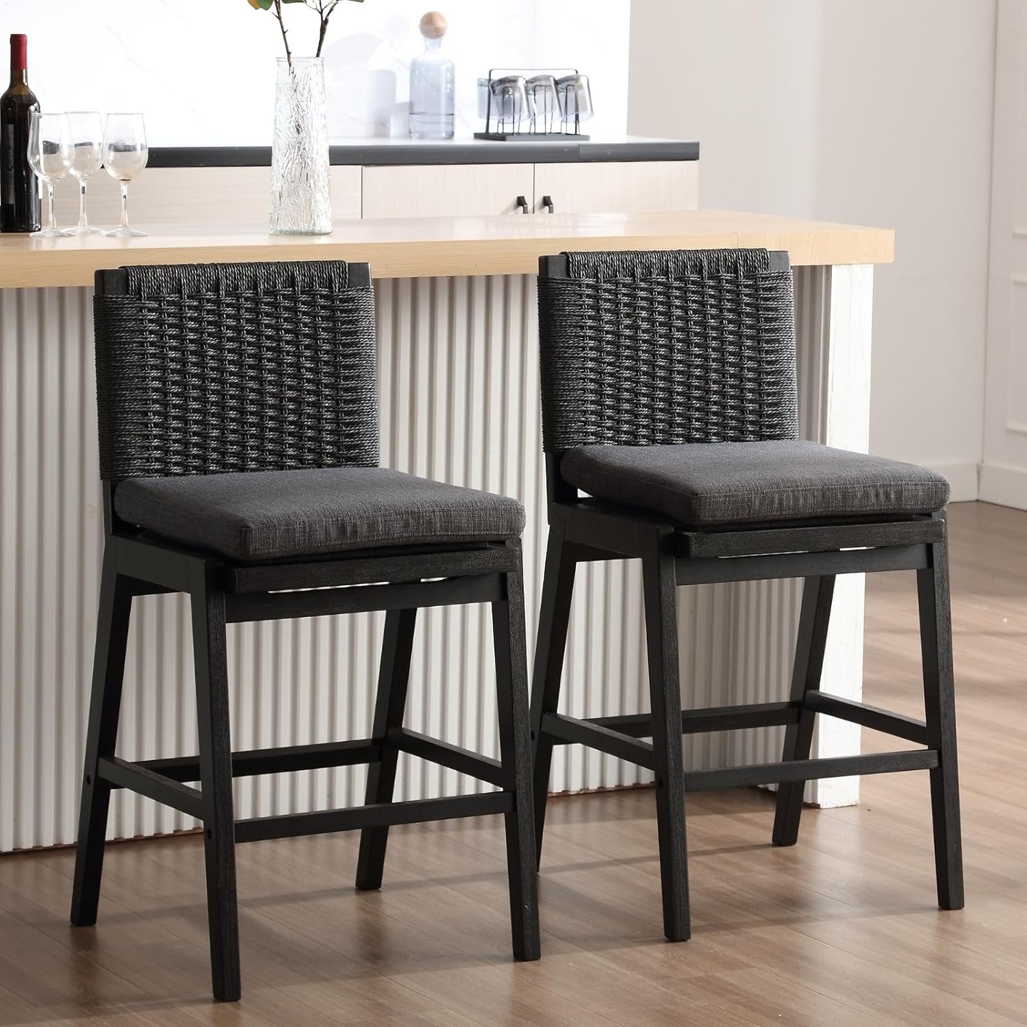 DUOMAY Modern Bar Stools Set of 2, 27 Counter Height Barstools with Woven Back, Linen Upholstered Kitchen Island Chair with Solid Wood Legs for Home Bar Coffee Shop, Charcoal