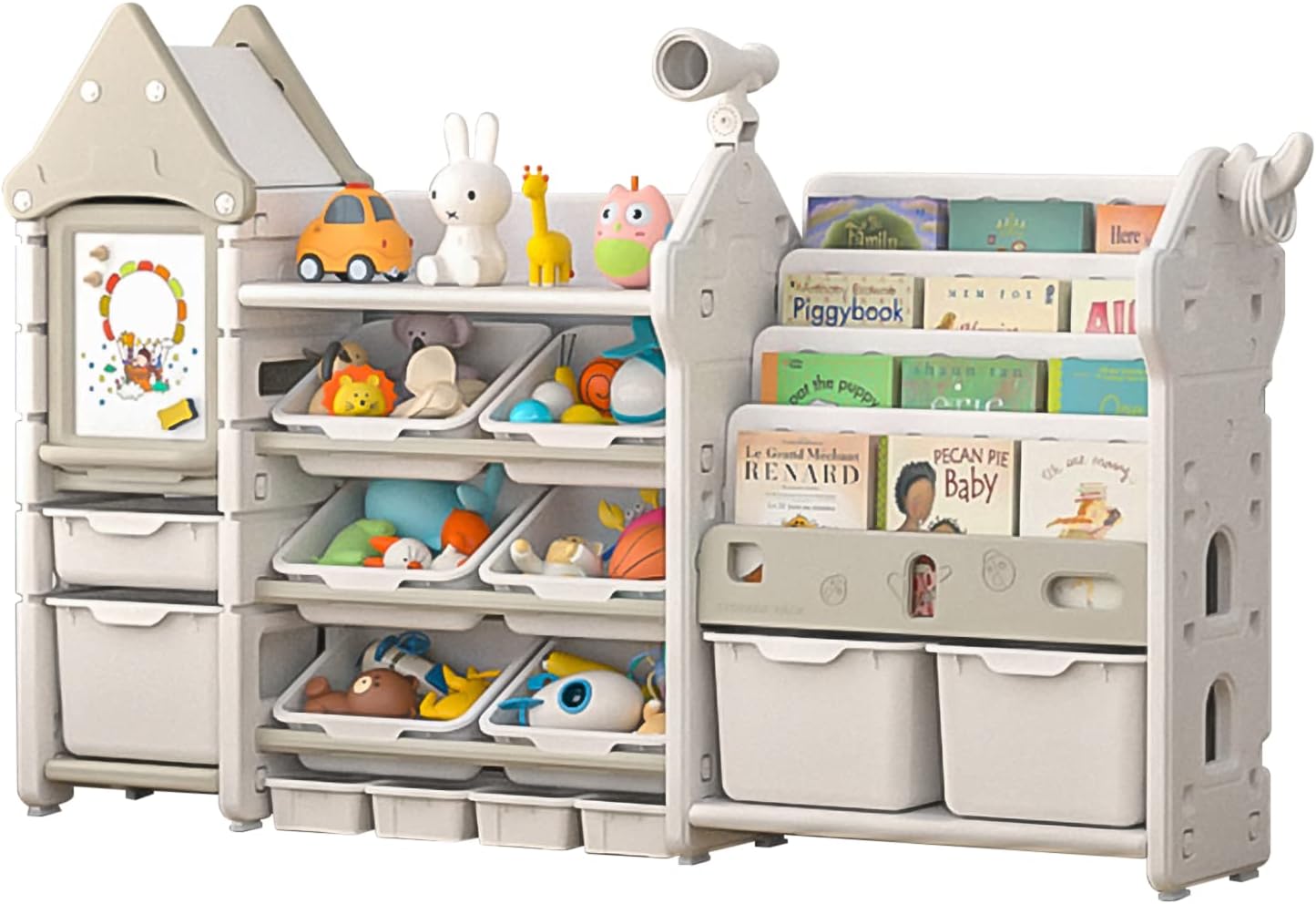 UNICOO - Kids Toy Storage Organizer and Children Bookshelf, with 14 Bins, Pull-Out Drawers Multipurpose Shelf for Toddlers to Organize Toys and Books (Magic Castle  White)