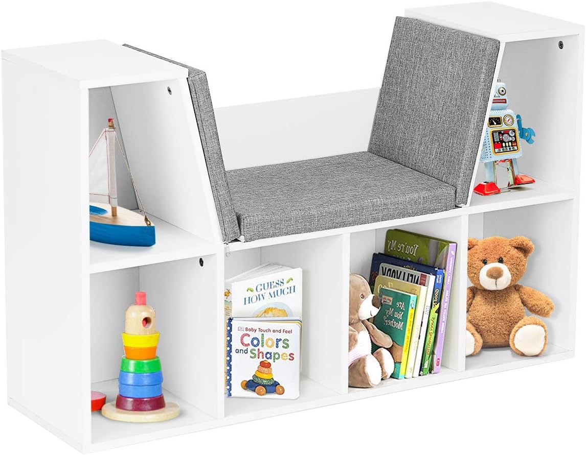 HONEY JOY Reading Nook Organizer with Seat Cushion, Kids Bookcase with Reading Nook, 6-Cubby Wooden Corner Storage Shelf Book Nook for Playroom Bedroom Decor (White)