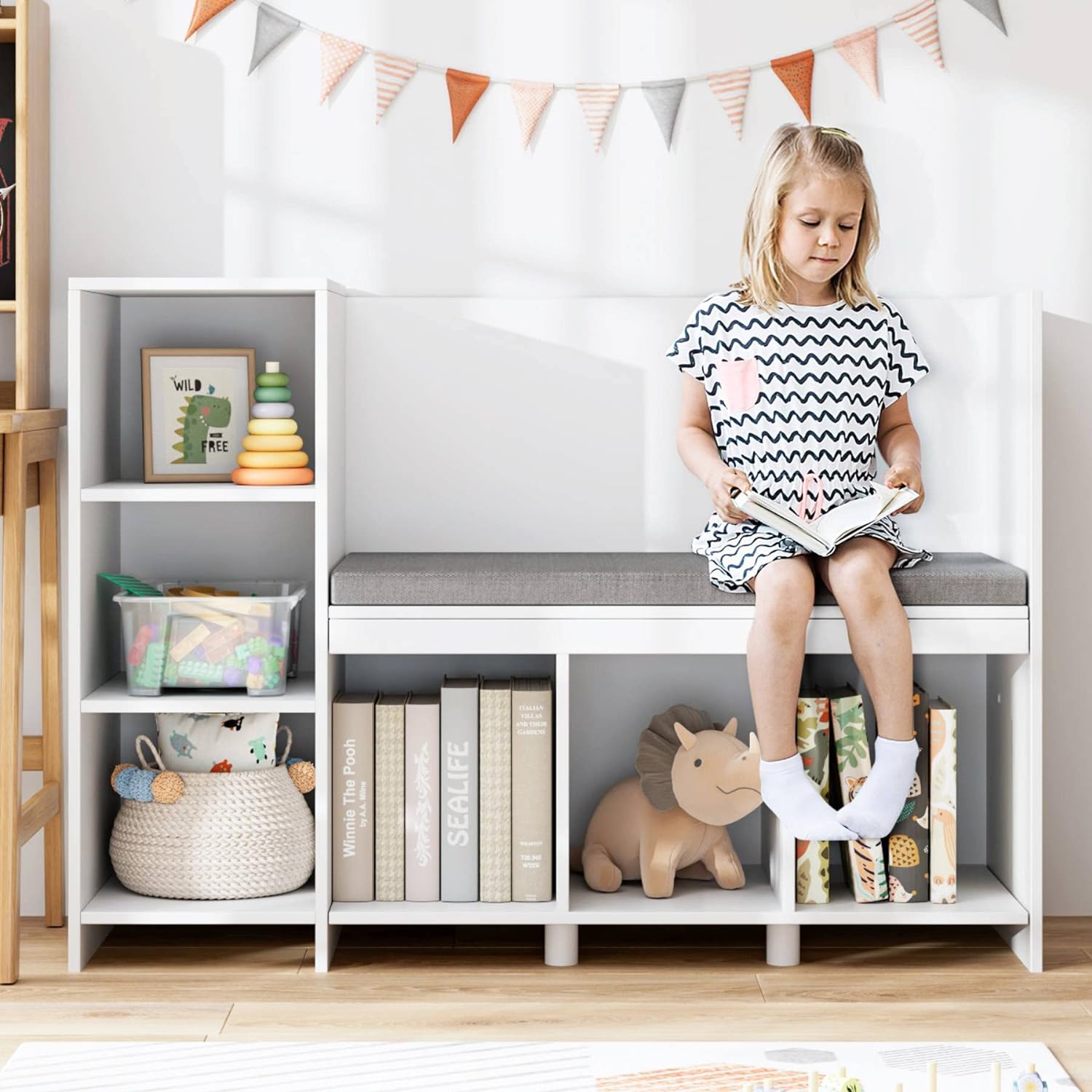 HOUSUIT 43.3 Kids Reading Nook Bench, Nursery Bookshelf and Bookcase with Seat Cushion, 6-Cubby Book Shelf Storage Organizer for Playroom, Bedroom, Living Room, Entryway, White