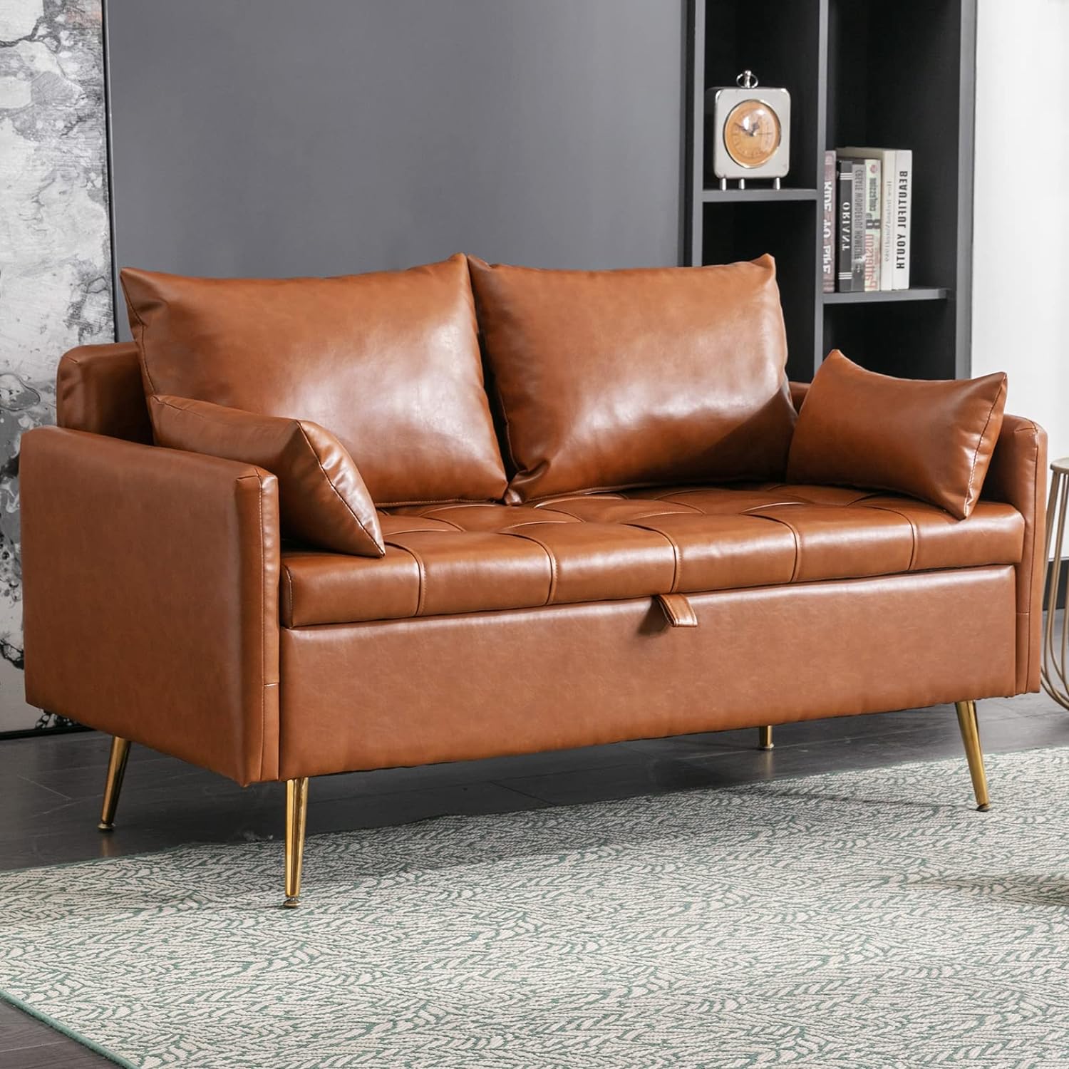 Living Room Storage Loveseat 53 Button Tufted Couches, Upholstered Small Sleeper Sofa with Golden Metal Legs & 4 Decorative Pillows for Waiting Room/Apartment/Dorm, PU Brown